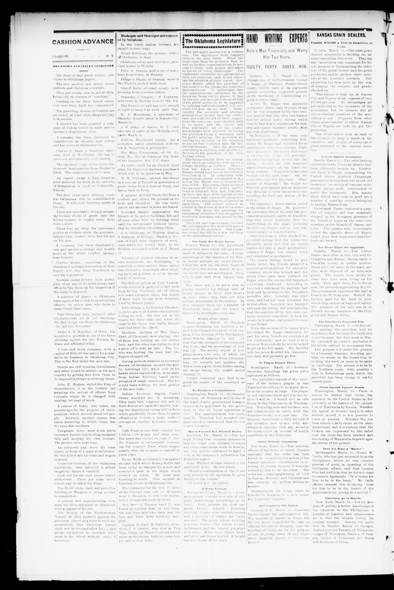 Cashion Advance. (Cashion, Okla.), Vol. 1, No. 41, Ed. 1 Thursday, March 21, 1901
                                                
                                                    [Sequence #]: 2 of 8
                                                