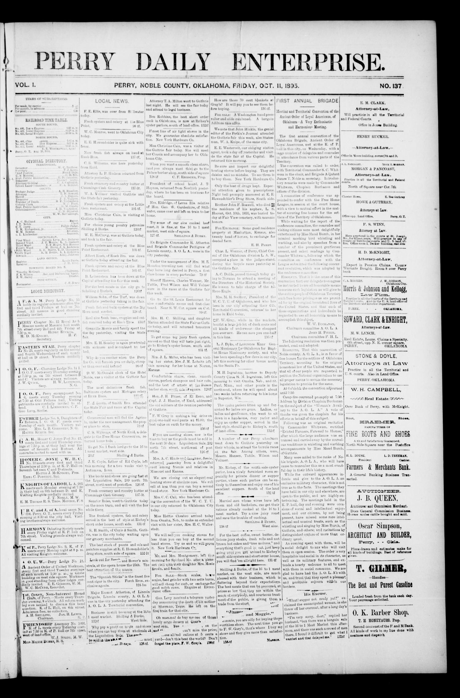 Perry Daily Enterprise. (Perry, Okla.), Vol. 1, No. 137, Ed. 1 Friday, October 11, 1895
                                                
                                                    [Sequence #]: 1 of 4
                                                