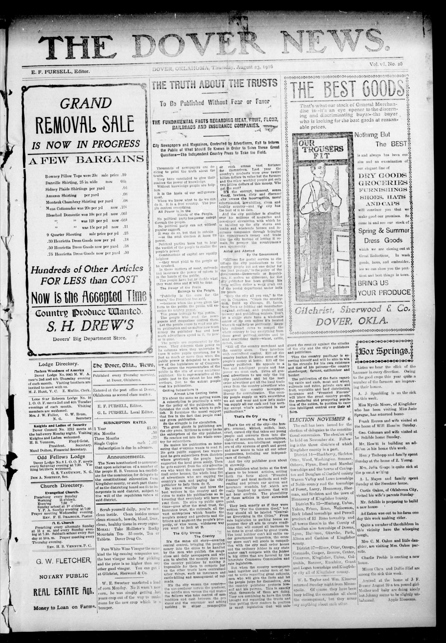 The Dover News. (Dover, Okla.), Vol. 6, No. 26, Ed. 1 Thursday, August 23, 1906
                                                
                                                    [Sequence #]: 1 of 4
                                                