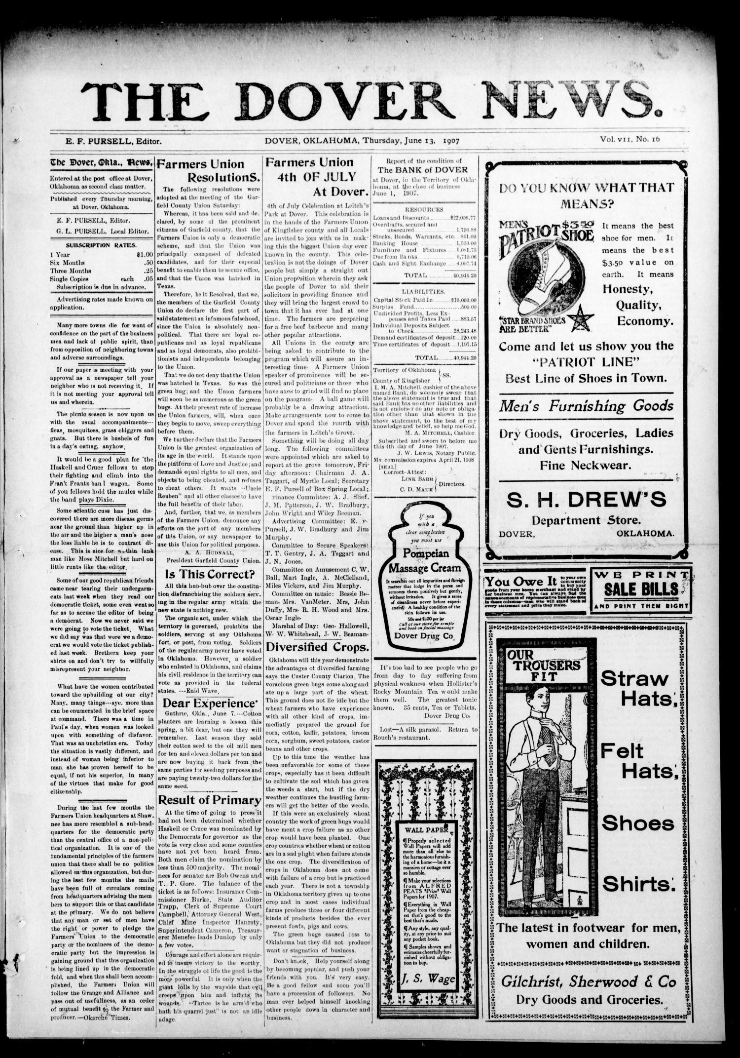 The Dover News. (Dover, Okla.), Vol. 7, No. 16, Ed. 1 Thursday, June 13, 1907
                                                
                                                    [Sequence #]: 1 of 4
                                                