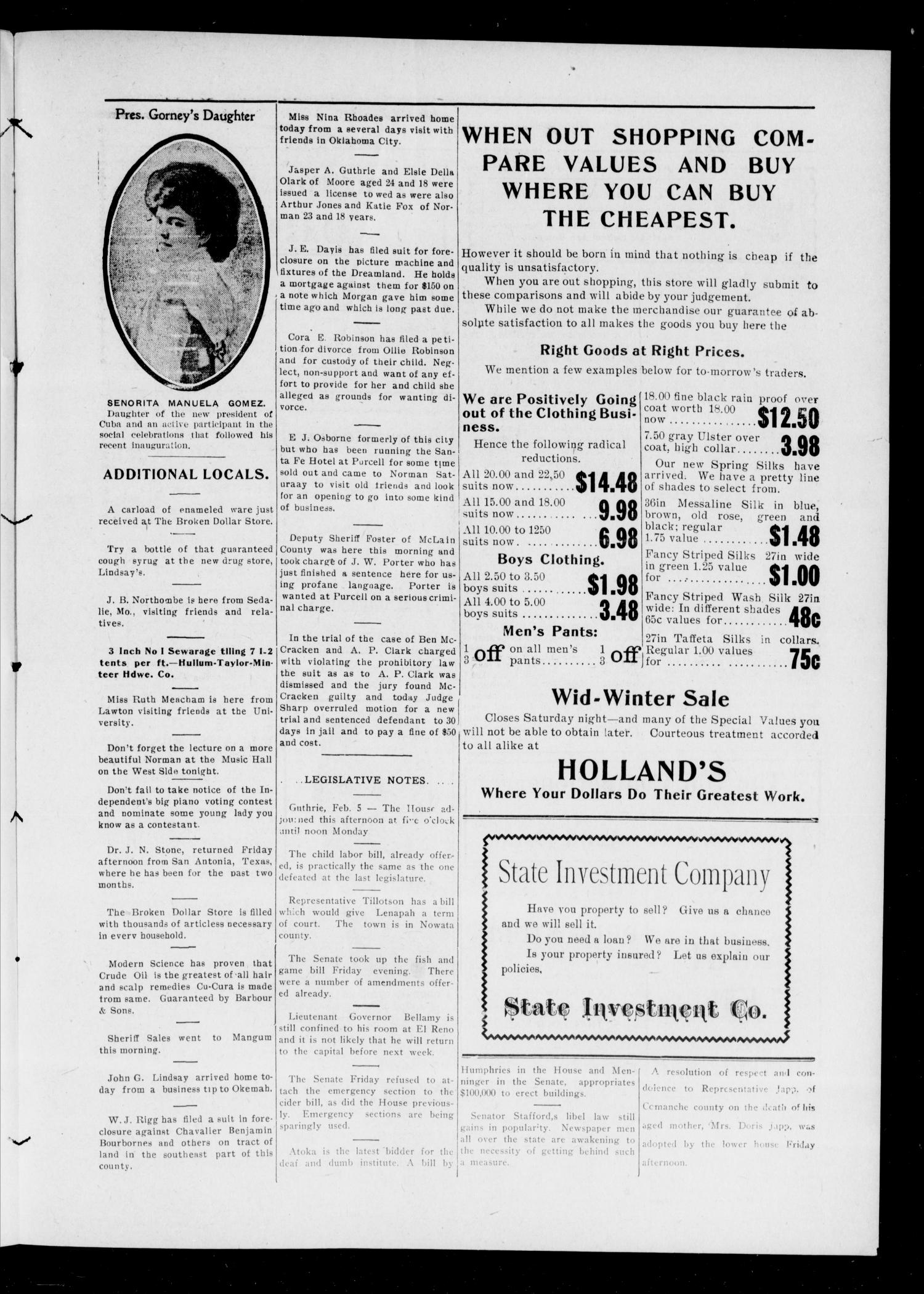 Norman Daily Independent. (Norman, Okla.), Vol. 1, No. 30, Ed. 1 Saturday, February 6, 1909
                                                
                                                    [Sequence #]: 7 of 8
                                                