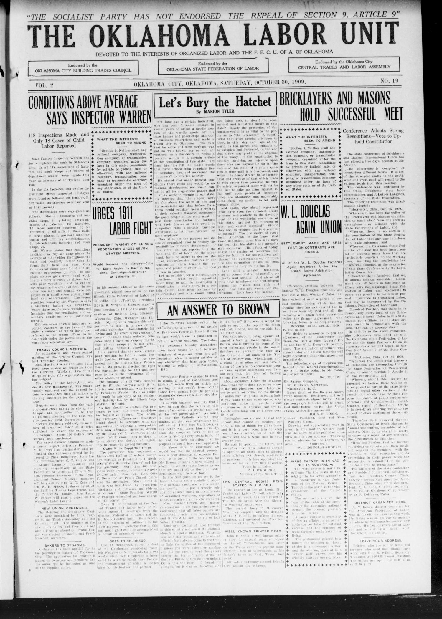 The Oklahoma Labor Unit (Oklahoma City, Okla.), Vol. 2, No. 19, Ed. 1 Saturday, October 30, 1909
                                                
                                                    [Sequence #]: 1 of 8
                                                