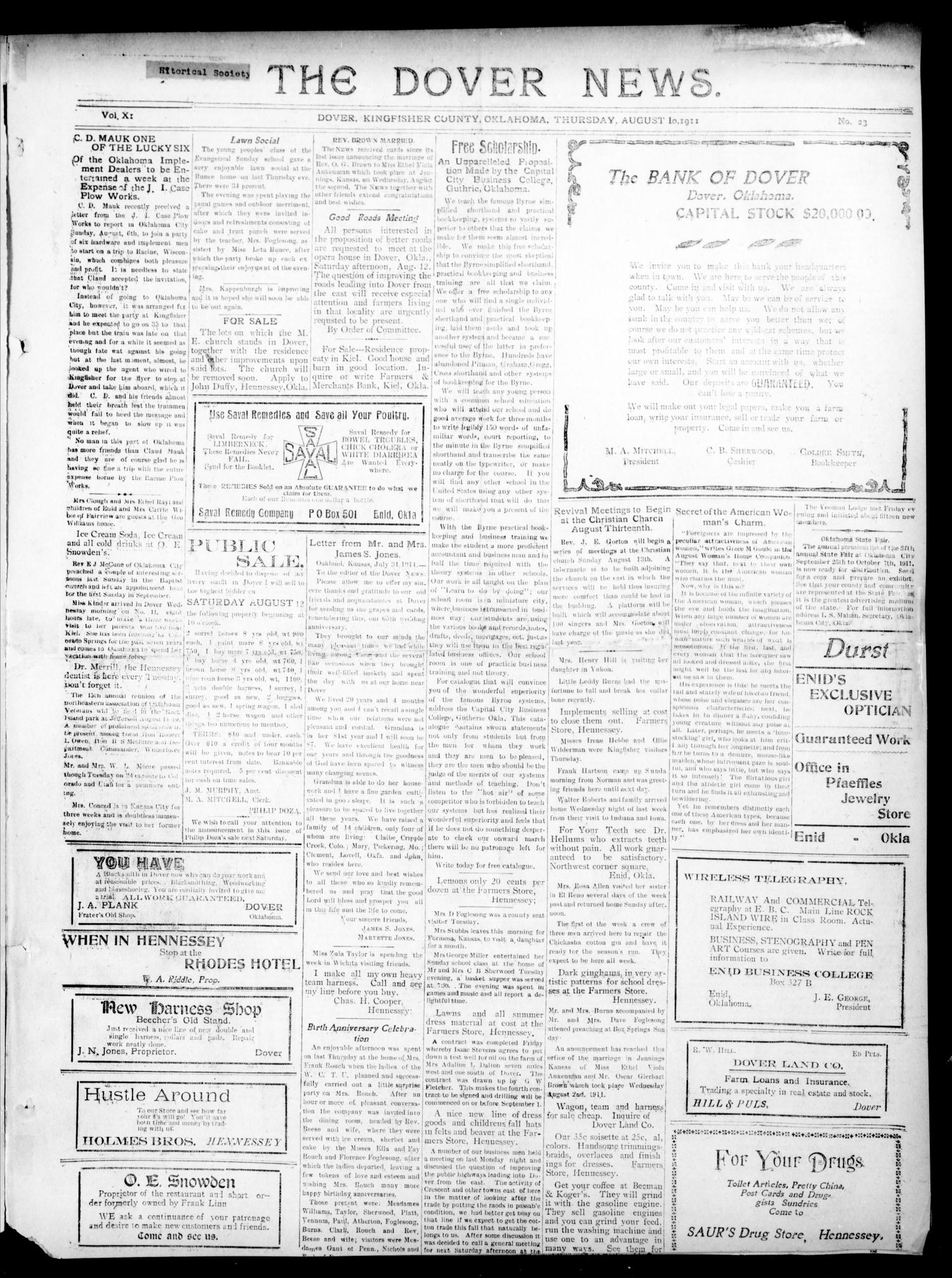 The Dover News. (Dover, Okla.), Vol. 11, No. 23, Ed. 1 Thursday, August 10, 1911
                                                
                                                    [Sequence #]: 1 of 4
                                                