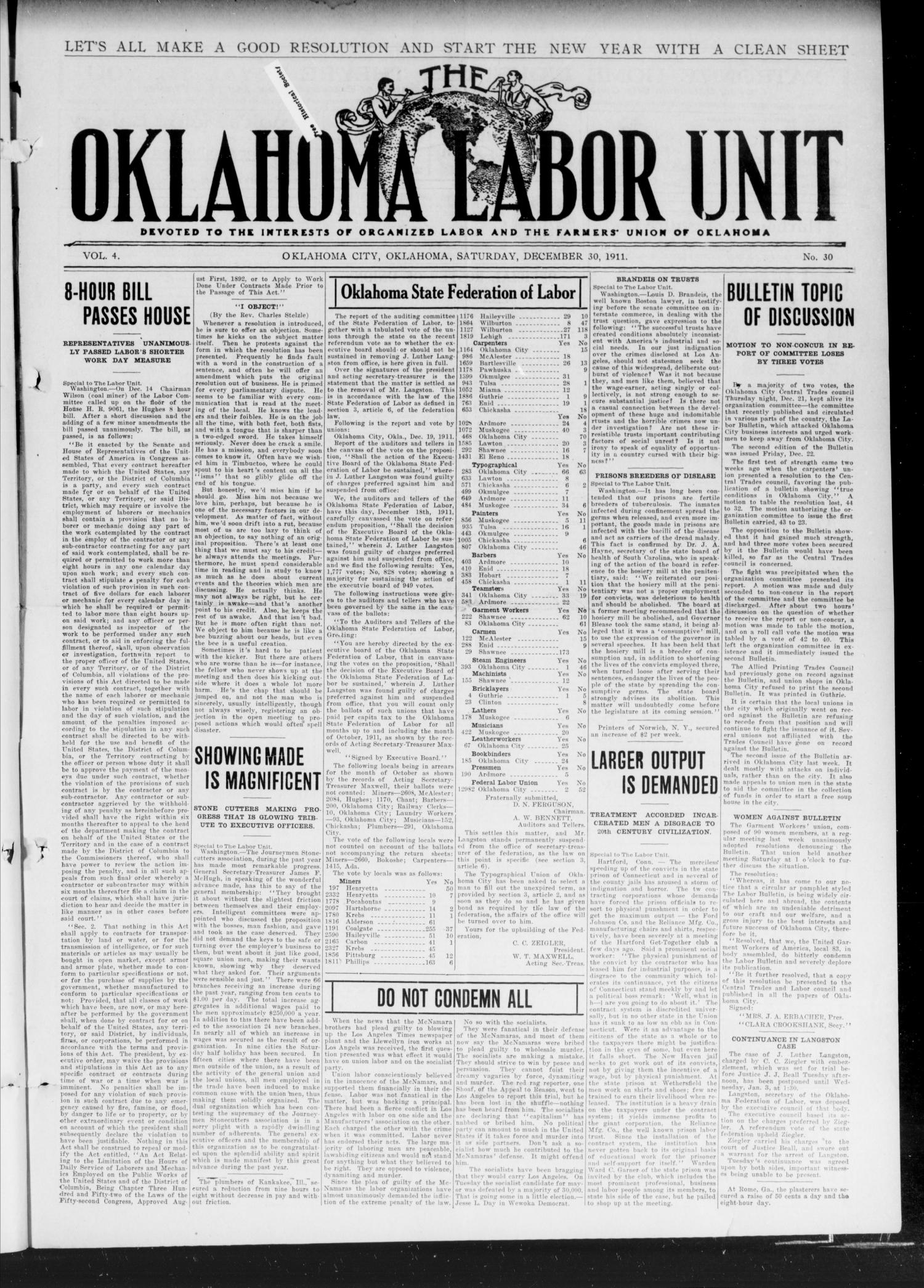 The Oklahoma Labor Unit (Oklahoma City, Okla.), Vol. 3, No. 30, Ed. 1 Saturday, December 30, 1911
                                                
                                                    [Sequence #]: 1 of 8
                                                