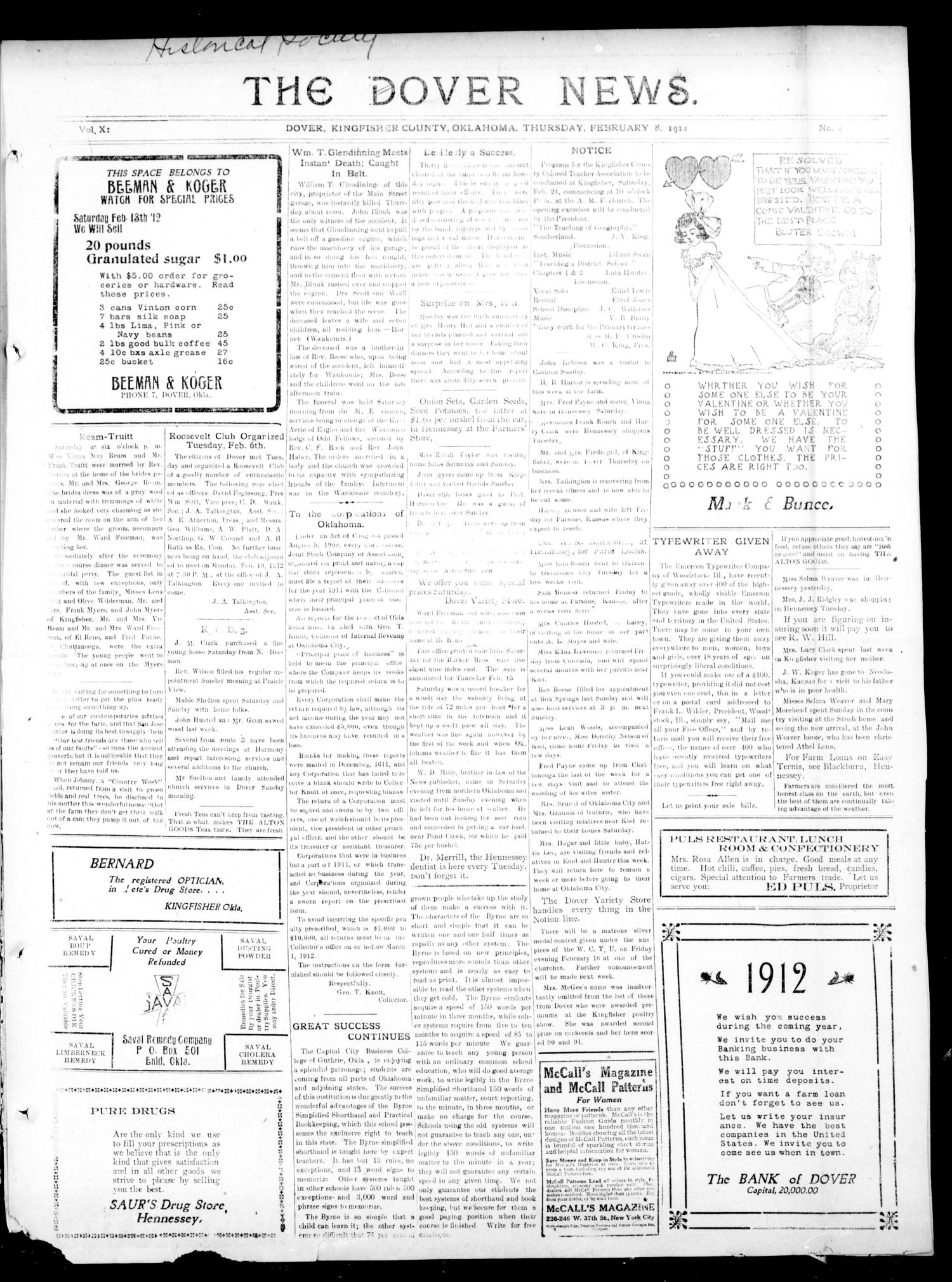 The Dover News. (Dover, Okla.), Vol. 11, No. 49, Ed. 1 Thursday, February 8, 1912
                                                
                                                    [Sequence #]: 1 of 4
                                                