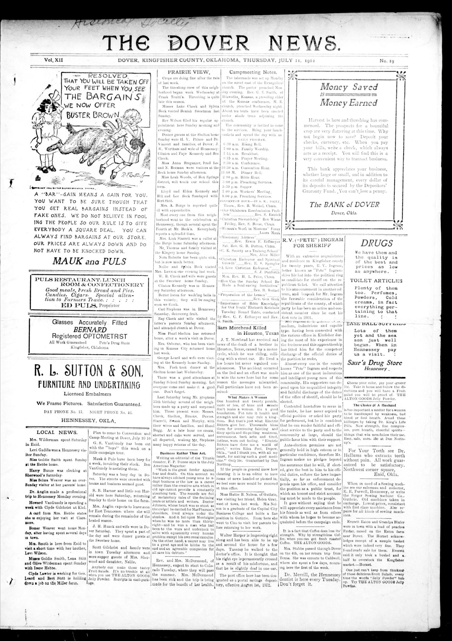 The Dover News. (Dover, Okla.), Vol. 12, No. 19, Ed. 1 Thursday, July 11, 1912
                                                
                                                    [Sequence #]: 1 of 8
                                                