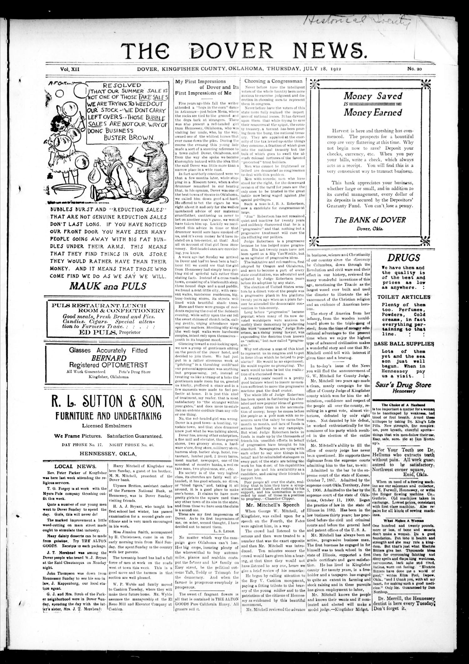 The Dover News. (Dover, Okla.), Vol. 12, No. 20, Ed. 1 Thursday, July 18, 1912
                                                
                                                    [Sequence #]: 1 of 8
                                                