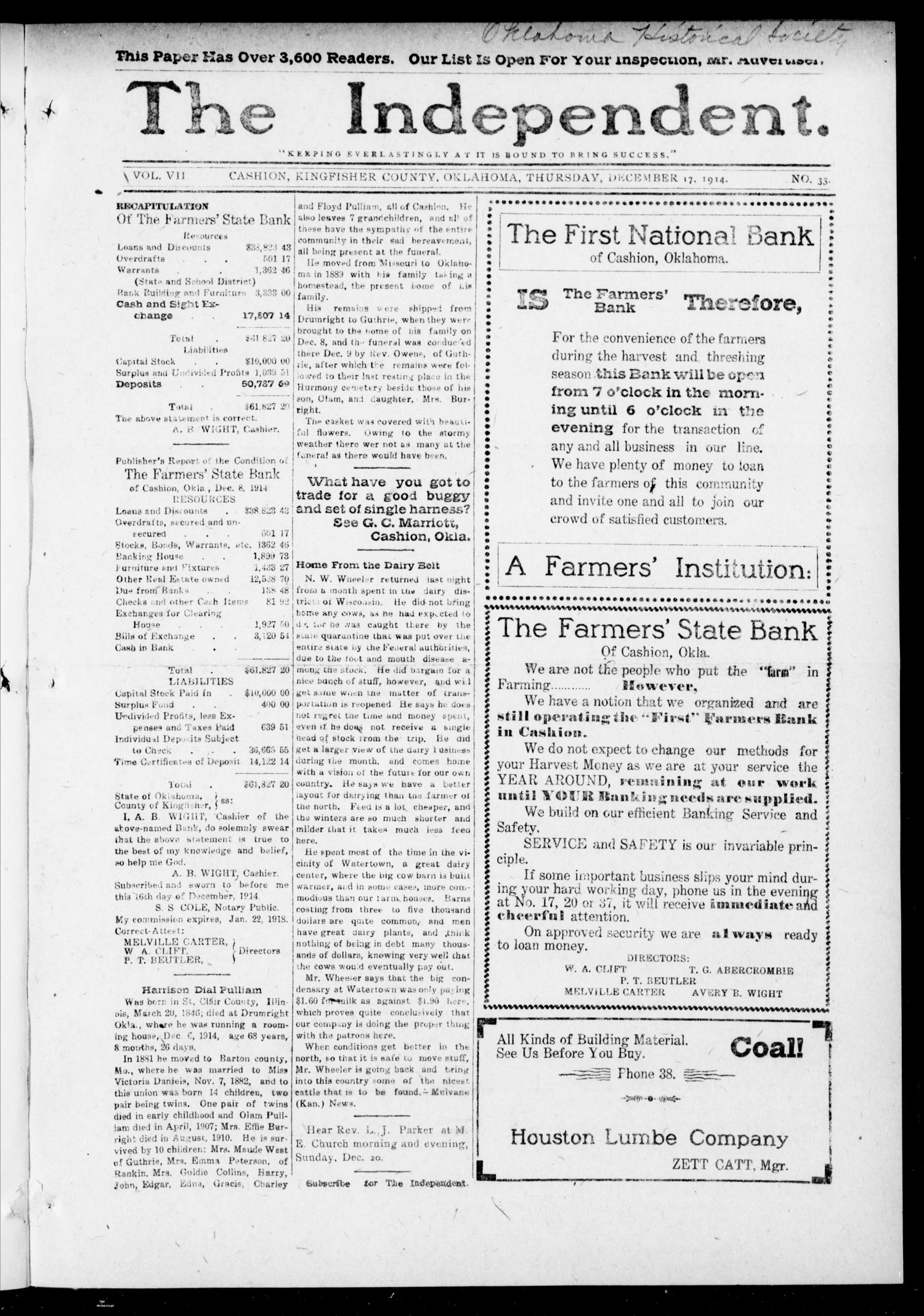 The Independent. (Cashion, Okla.), Vol. 7, No. 33, Ed. 1 Thursday, December 17, 1914
                                                
                                                    [Sequence #]: 1 of 6
                                                