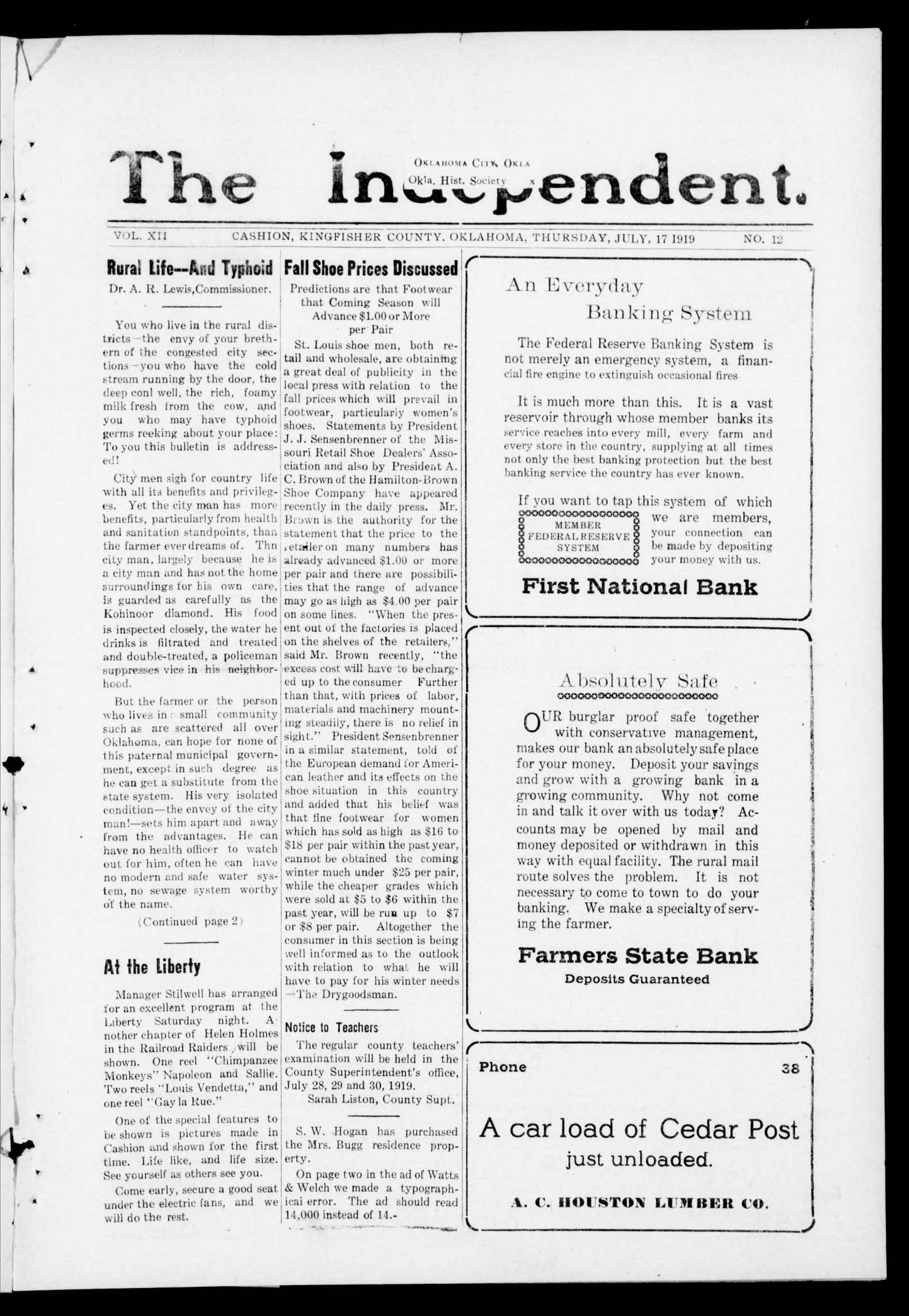 The Independent. (Cashion, Okla.), Vol. 12, No. 12, Ed. 1 Thursday, July 17, 1919
                                                
                                                    [Sequence #]: 1 of 8
                                                
