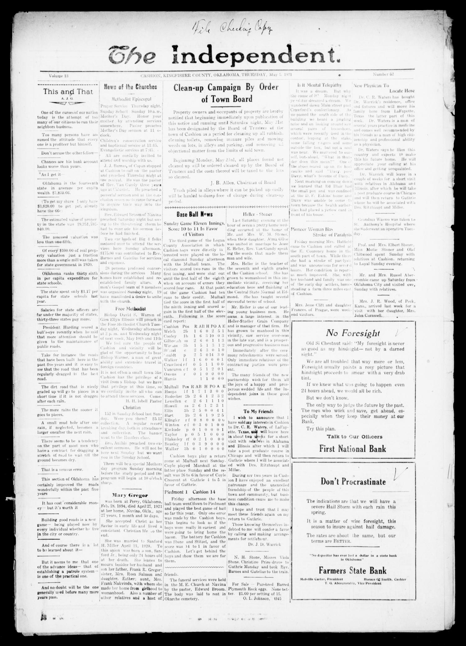 The Independent. (Cashion, Okla.), Vol. 13, No. 52, Ed. 1 Thursday, May 5, 1921
                                                
                                                    [Sequence #]: 1 of 8
                                                