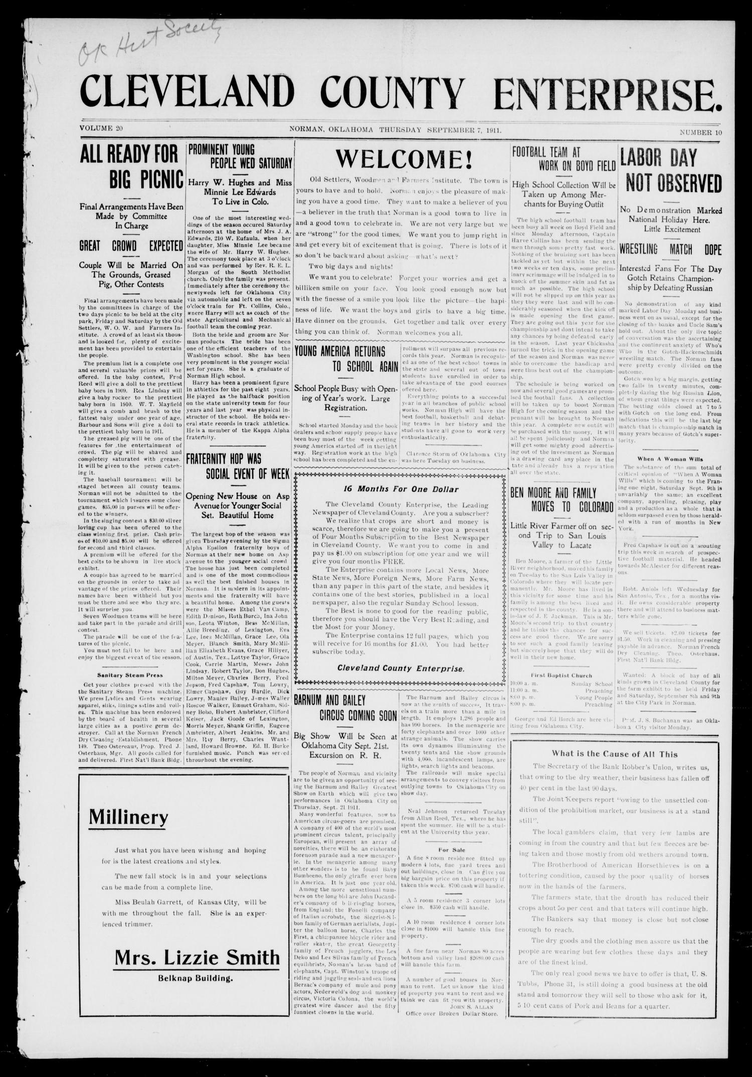 Cleveland County Enterprise. (Norman, Okla.), Vol. 20, No. 10, Ed. 1 Thursday, September 7, 1911
                                                
                                                    [Sequence #]: 1 of 12
                                                