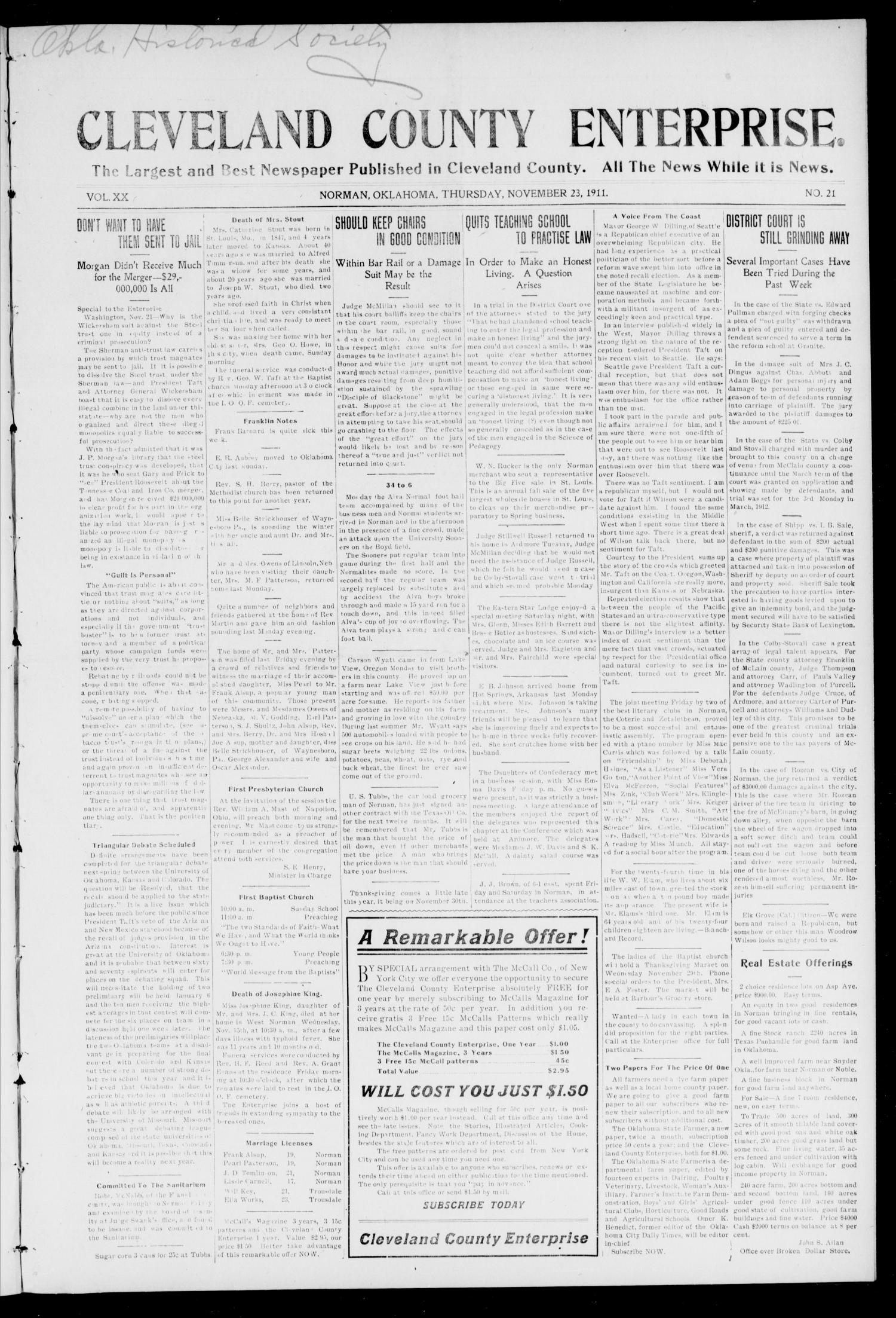 Cleveland County Enterprise. (Norman, Okla.), Vol. 20, No. 21, Ed. 1 Thursday, November 23, 1911
                                                
                                                    [Sequence #]: 1 of 10
                                                