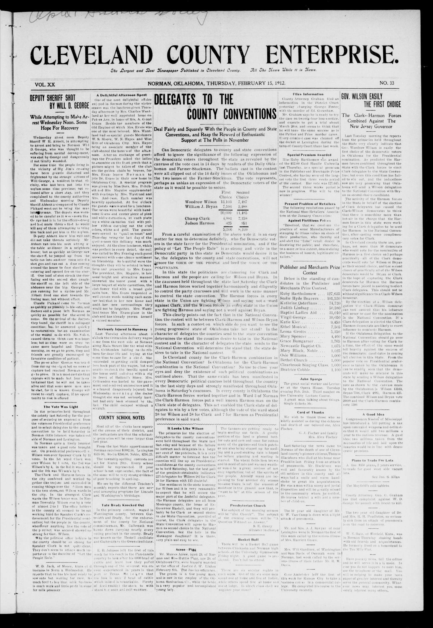 Cleveland County Enterprise. (Norman, Okla.), Vol. 20, No. 33, Ed. 1 Thursday, February 15, 1912
                                                
                                                    [Sequence #]: 1 of 10
                                                
