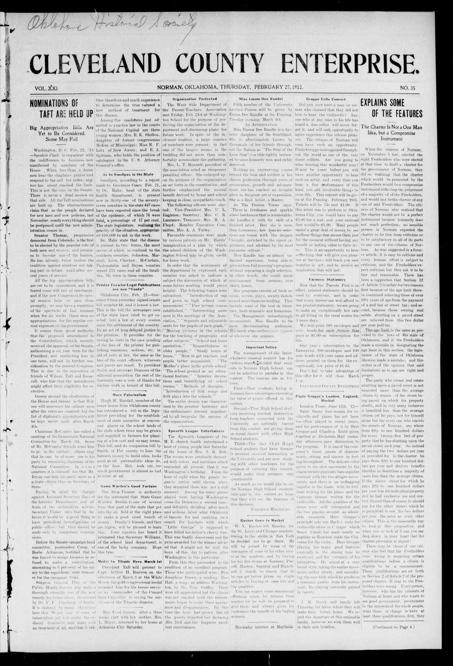 Cleveland County Enterprise. (Norman, Okla.), Vol. 21, No. 35, Ed. 1 Thursday, February 27, 1913
                                                
                                                    [Sequence #]: 1 of 8
                                                