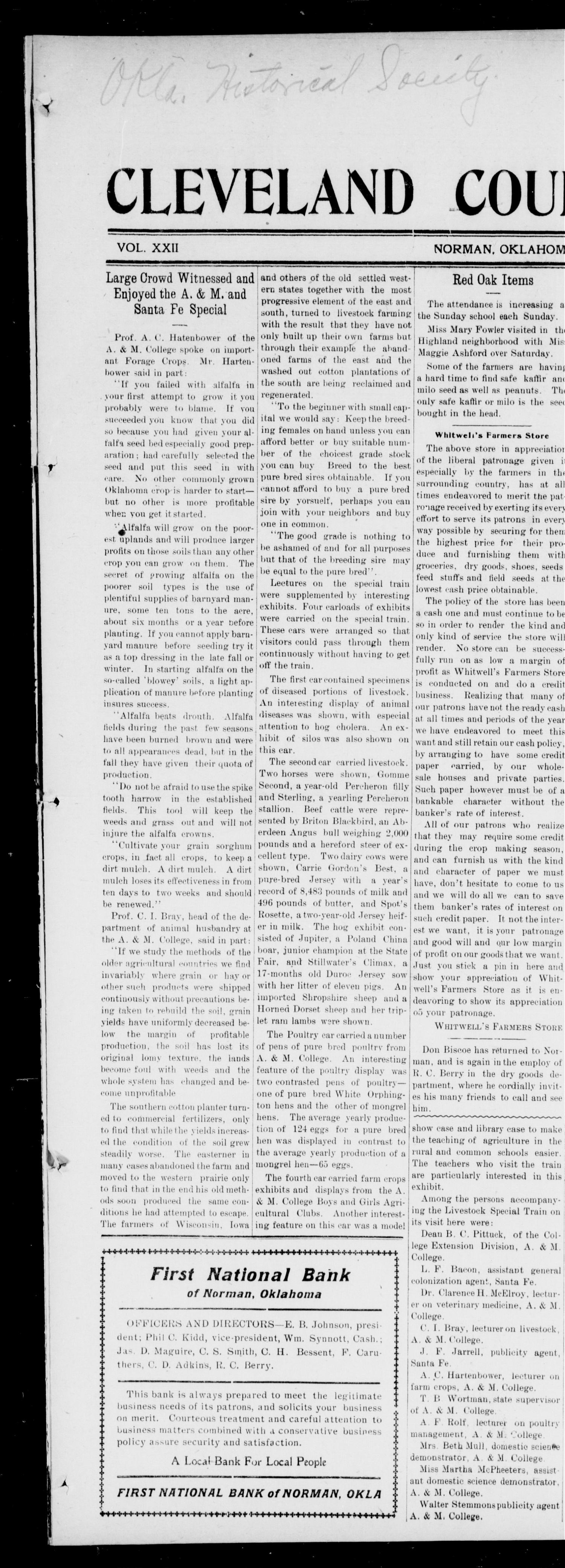 Cleveland County Enterprise. (Norman, Okla.), Vol. 22, No. 31, Ed. 1 Thursday, February 5, 1914
                                                
                                                    [Sequence #]: 1 of 9
                                                