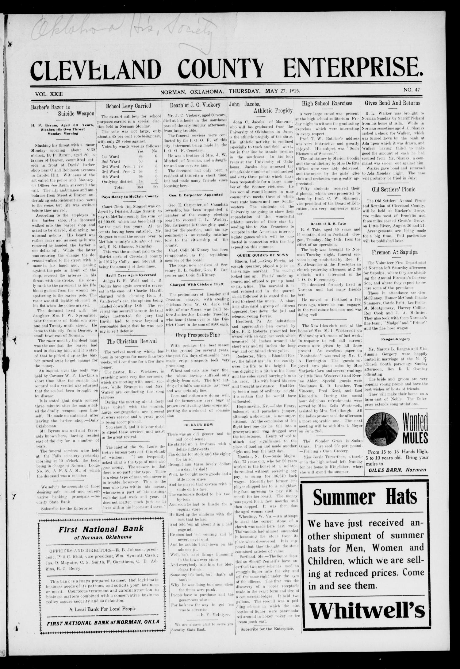 Cleveland County Enterprise. (Norman, Okla.), Vol. 23, No. 47, Ed. 1 Thursday, May 27, 1915
                                                
                                                    [Sequence #]: 1 of 8
                                                