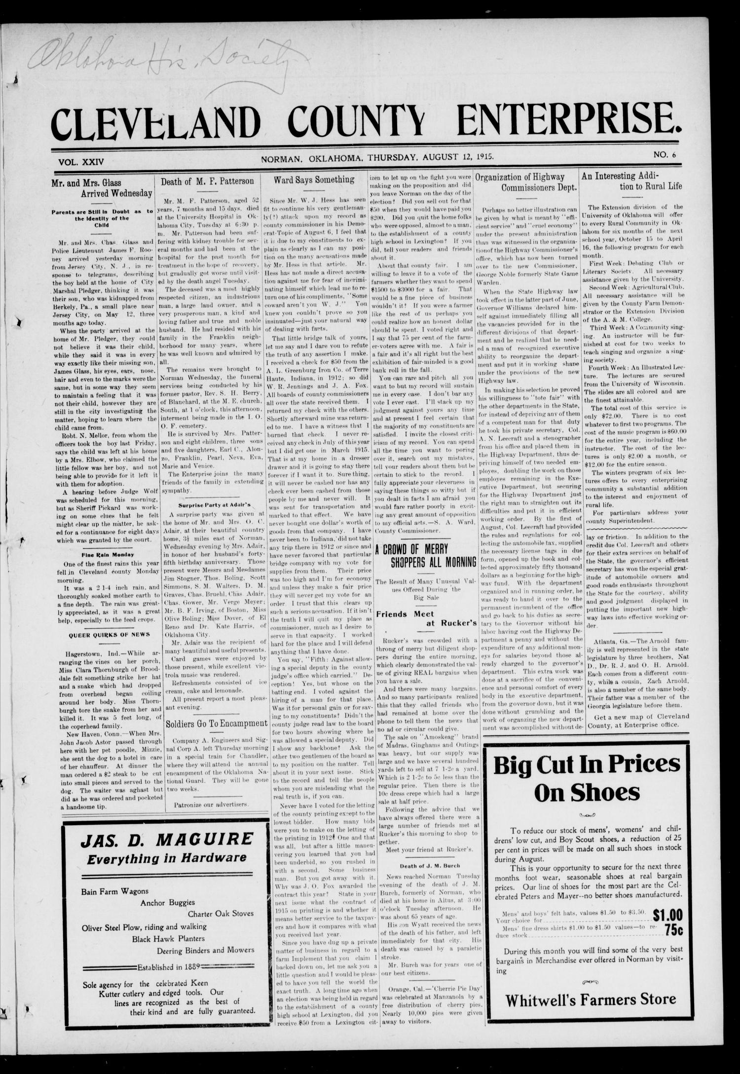 Cleveland County Enterprise. (Norman, Okla.), Vol. 24, No. 6, Ed. 1 Thursday, August 12, 1915
                                                
                                                    [Sequence #]: 1 of 8
                                                