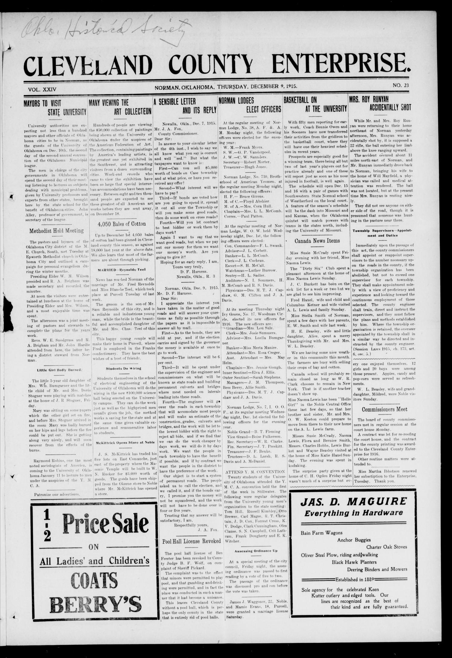 Cleveland County Enterprise. (Norman, Okla.), Vol. 24, No. 23, Ed. 1 Thursday, December 9, 1915
                                                
                                                    [Sequence #]: 1 of 8
                                                
