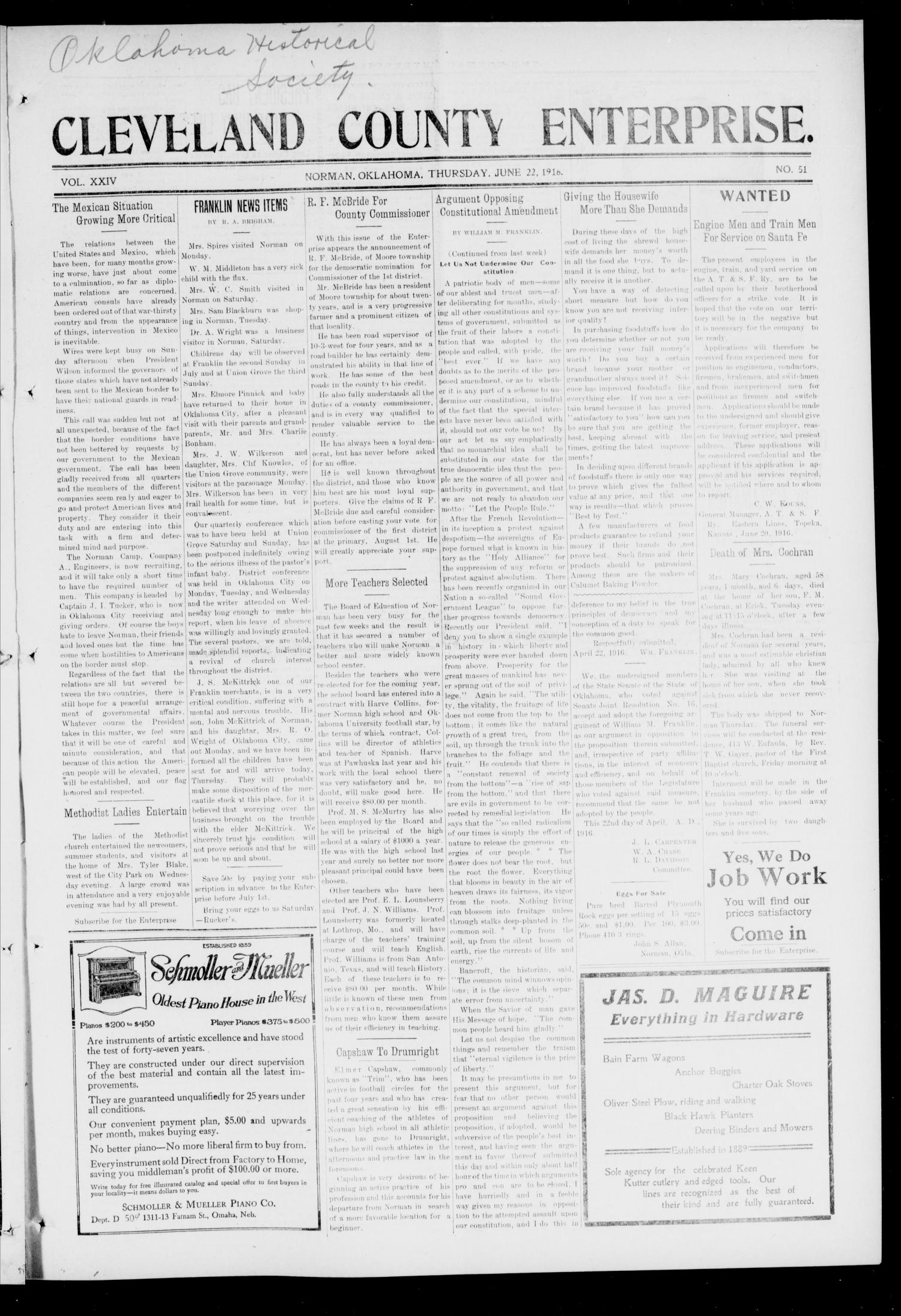 Cleveland County Enterprise. (Norman, Okla.), Vol. 24, No. 51, Ed. 1 Thursday, June 22, 1916
                                                
                                                    [Sequence #]: 1 of 10
                                                