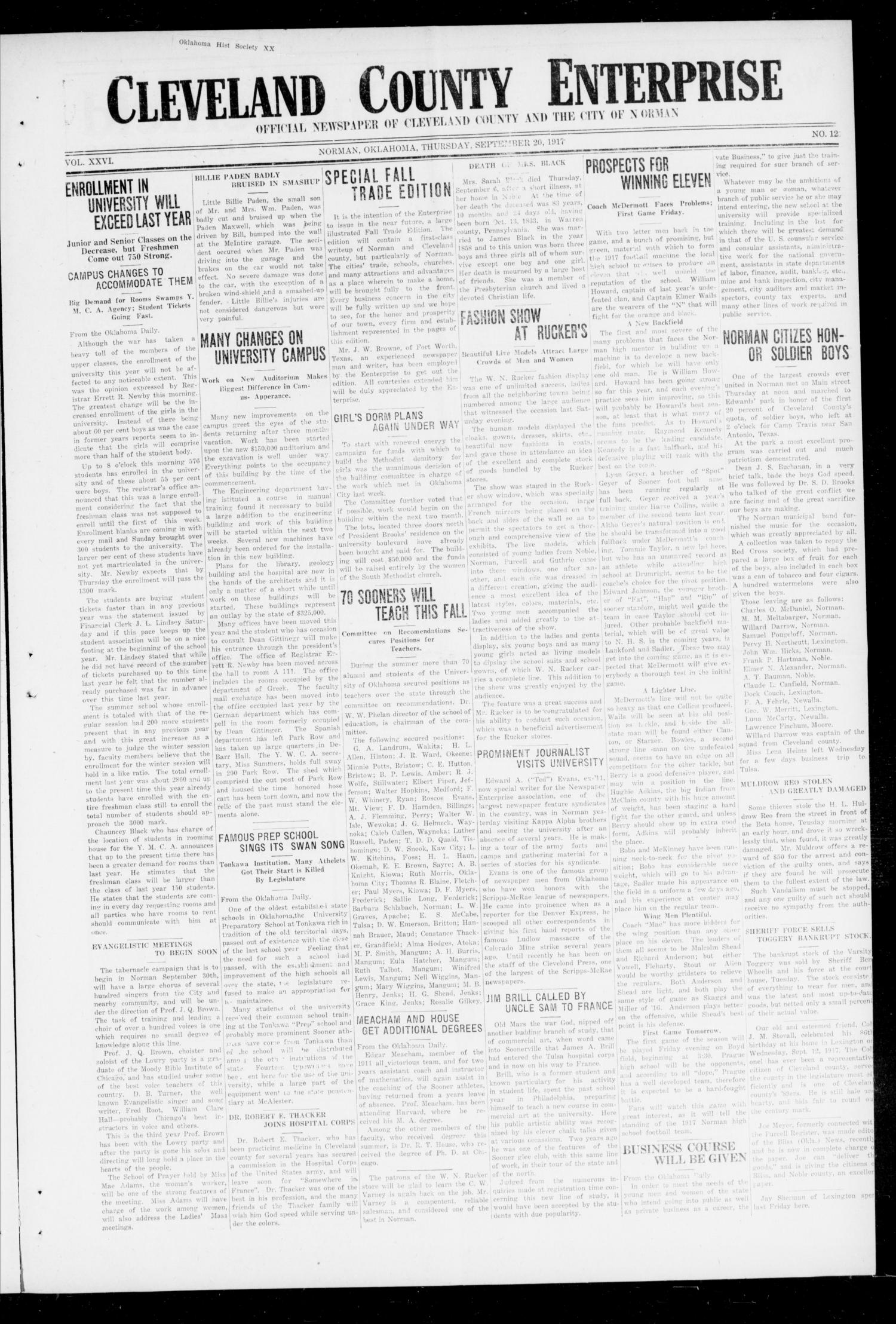 Cleveland County Enterprise (Norman, Okla.), Vol. 26, No. 12, Ed. 1 Thursday, September 20, 1917
                                                
                                                    [Sequence #]: 1 of 8
                                                