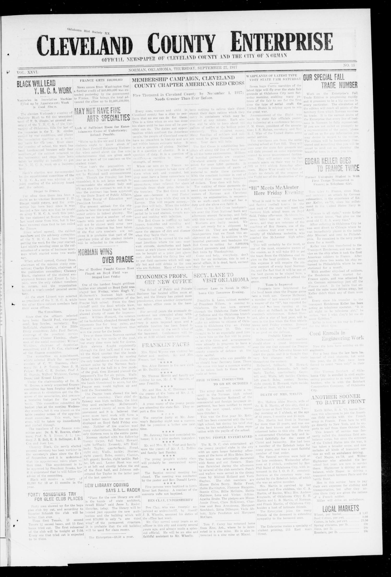 Cleveland County Enterprise (Norman, Okla.), Vol. 26, No. 13, Ed. 1 Thursday, September 27, 1917
                                                
                                                    [Sequence #]: 1 of 8
                                                