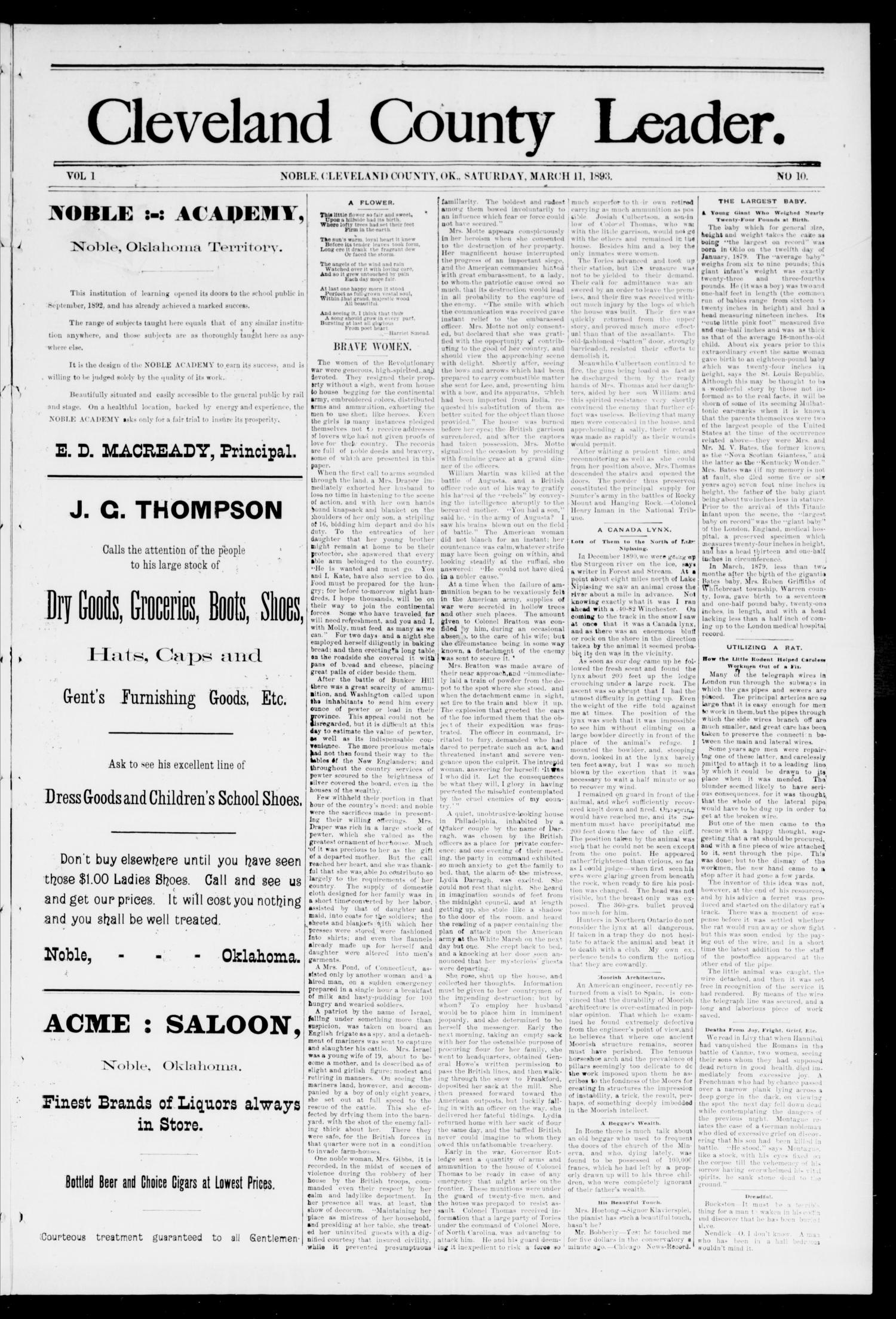 Cleveland County Leader. (Noble, Okla.), Vol. 1, No. 9, Ed. 1 Saturday, March 4, 1893
                                                
                                                    [Sequence #]: 1 of 8
                                                