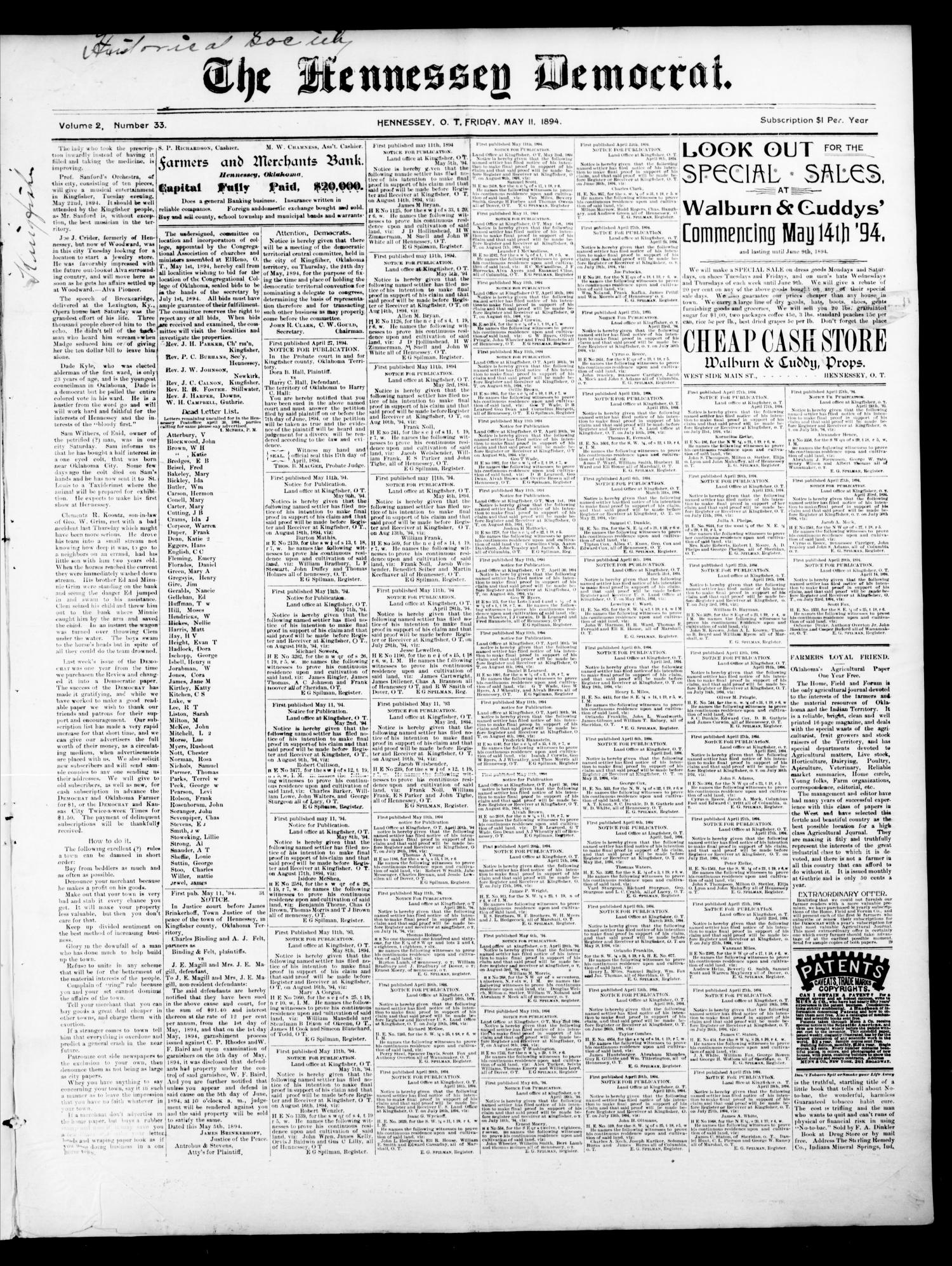 The Hennessey Democrat. (Hennessey, Okla. Terr.), Vol. 2, No. 33, Ed. 1 Friday, May 11, 1894
                                                
                                                    [Sequence #]: 1 of 4
                                                
