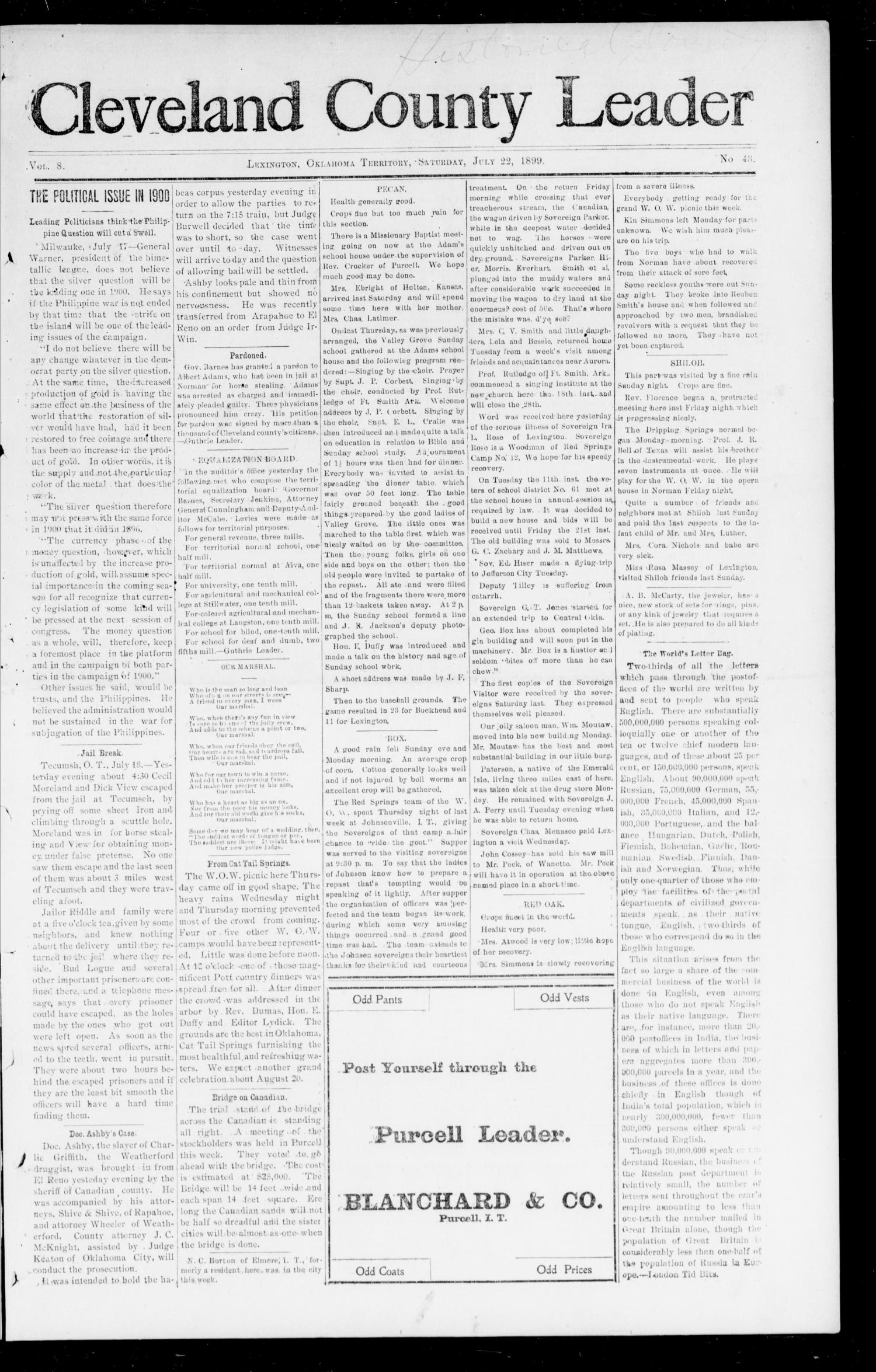 Cleveland County Leader (Lexington, Okla. Terr.), Vol. 8, No. 43, Ed. 1 Saturday, July 22, 1899
                                                
                                                    [Sequence #]: 1 of 8
                                                