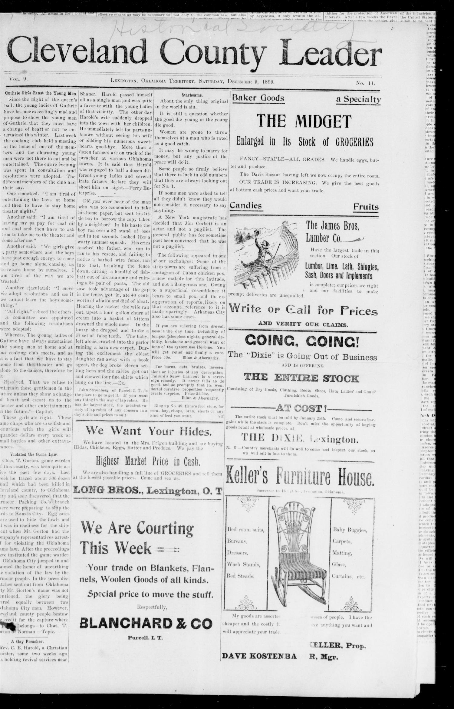 Cleveland County Leader (Lexington, Okla. Terr.), Vol. 9, No. 12, Ed. 1 Wednesday, December 6, 1899
                                                
                                                    [Sequence #]: 1 of 12
                                                