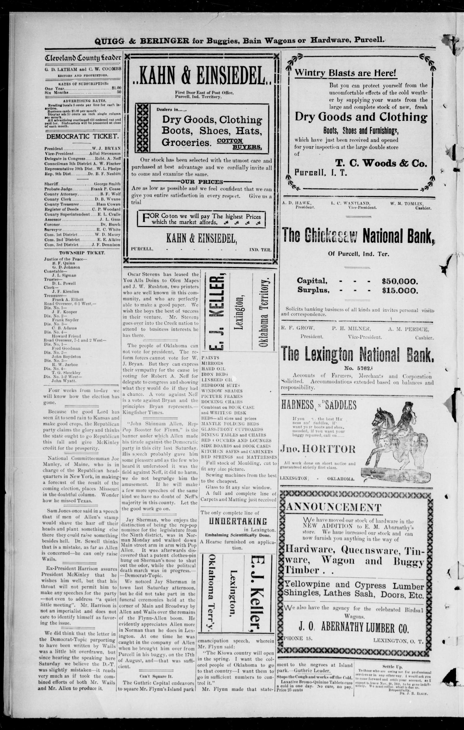 Cleveland County Leader. (Lexington, Okla. Terr.), Vol. 10, No. 2, Ed. 1 Thursday, October 11, 1900
                                                
                                                    [Sequence #]: 4 of 8
                                                
