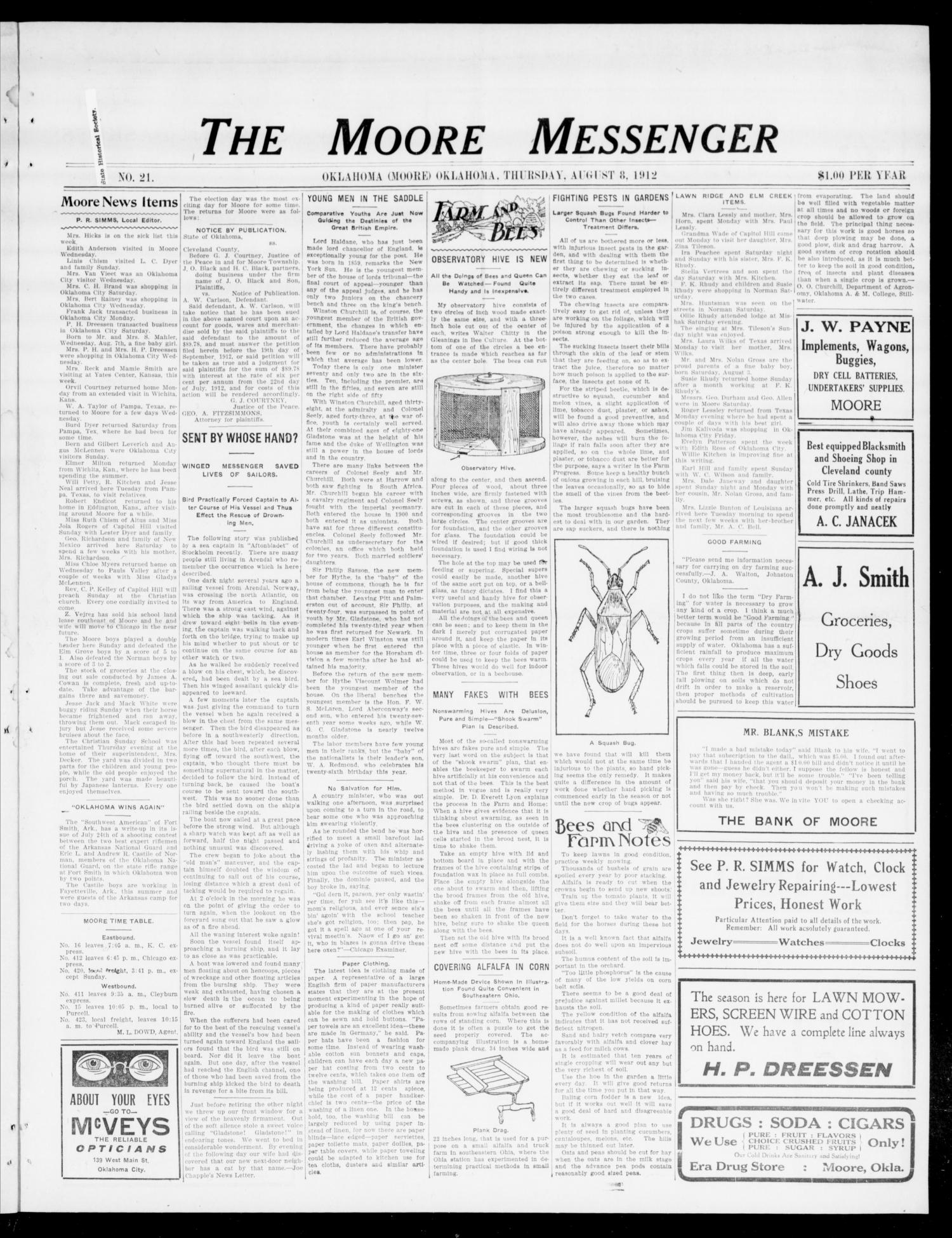 The Moore Messenger (Moore, Okla.), Vol. 5, No. 21, Ed. 1 Thursday, August 8, 1912
                                                
                                                    [Sequence #]: 1 of 8
                                                