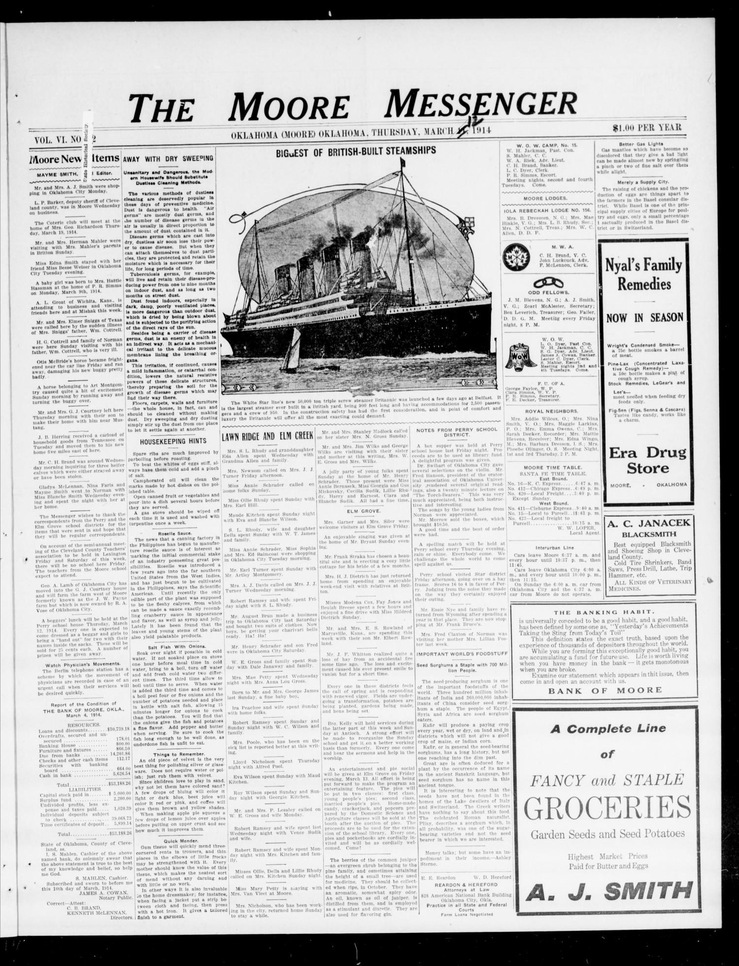 The Moore Messenger (Moore, Okla.), Vol. 6, No. 52, Ed. 1 Thursday, March 12, 1914
                                                
                                                    [Sequence #]: 1 of 8
                                                