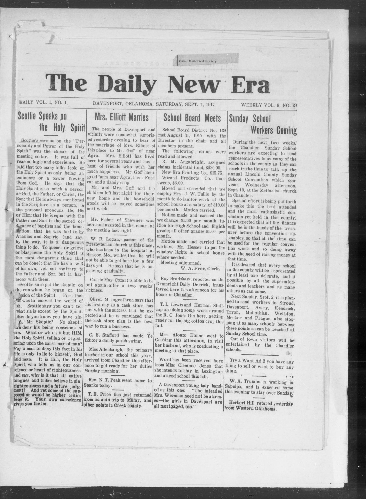 The Daily New Era (Davenport, Okla.), Vol. 1, No. 1, Ed. 1 Saturday, September 1, 1917
                                                
                                                    [Sequence #]: 1 of 4
                                                
