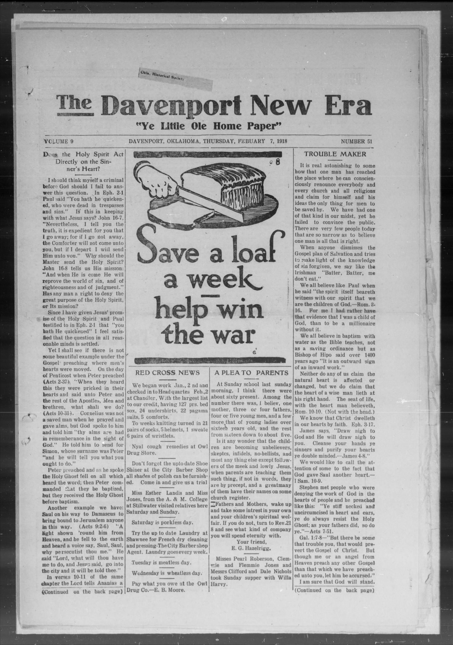 The Davenport New Era (Davenport, Okla.), Vol. 9, No. 52, Ed. 1 Thursday, February 7, 1918
                                                
                                                    [Sequence #]: 1 of 12
                                                