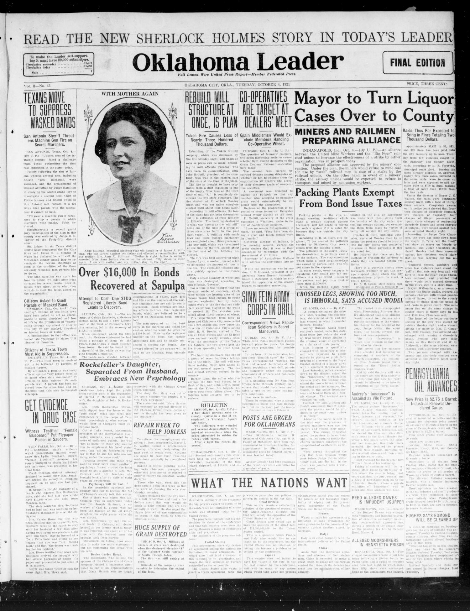 Oklahoma Leader (Oklahoma City, Okla.), Vol. 2, No. 43, Ed. 1 Tuesday, October 4, 1921
                                                
                                                    [Sequence #]: 1 of 8
                                                