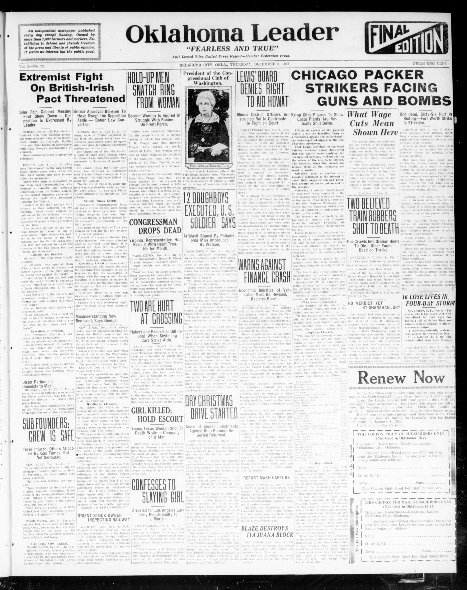 Oklahoma Leader (Oklahoma City, Okla.), Vol. 2, No. 99, Ed. 1 Thursday, December 8, 1921
                                                
                                                    [Sequence #]: 1 of 4
                                                
