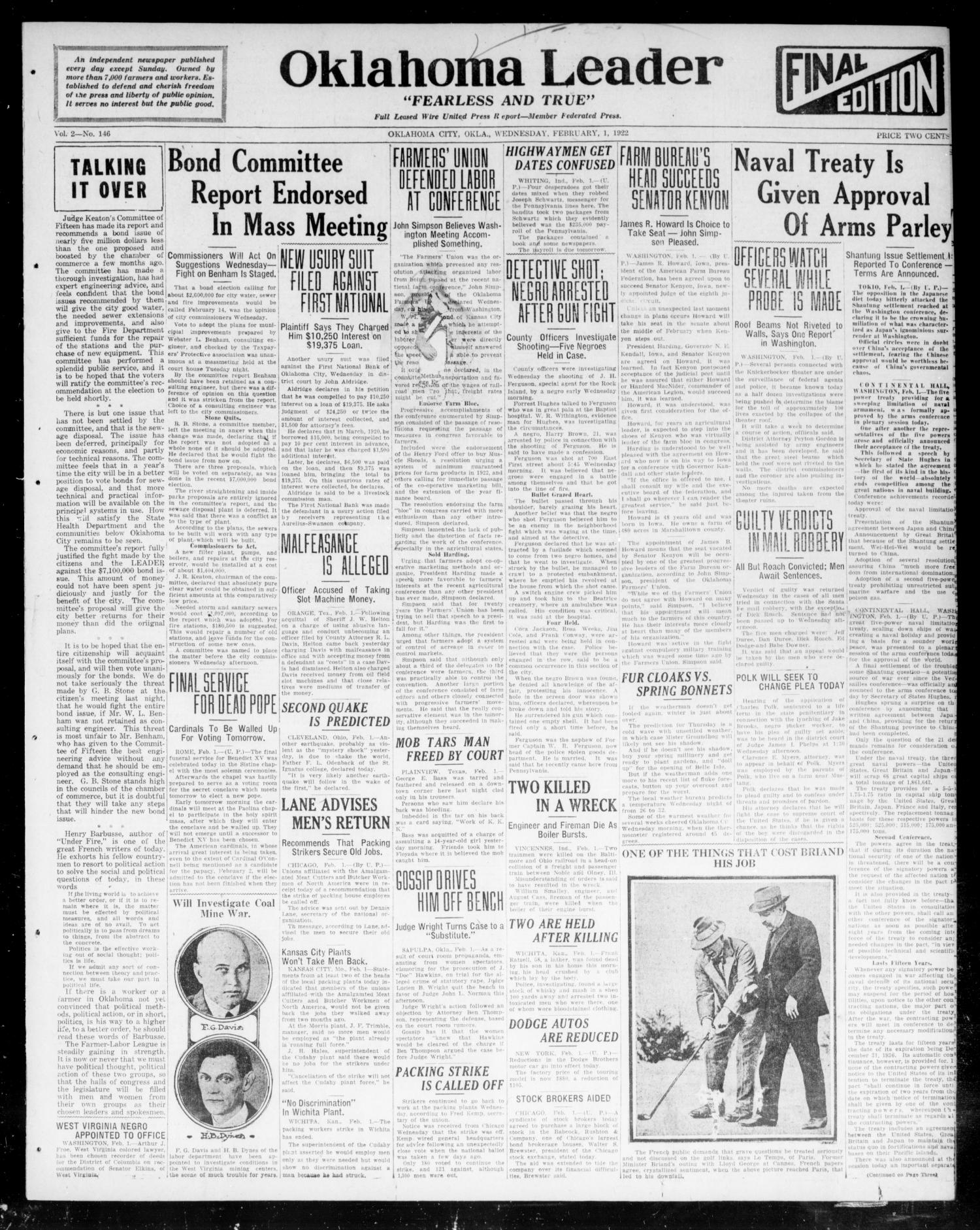 Oklahoma Leader (Oklahoma City, Okla.), Vol. 2, No. 146, Ed. 1 Wednesday, February 1, 1922
                                                
                                                    [Sequence #]: 1 of 4
                                                