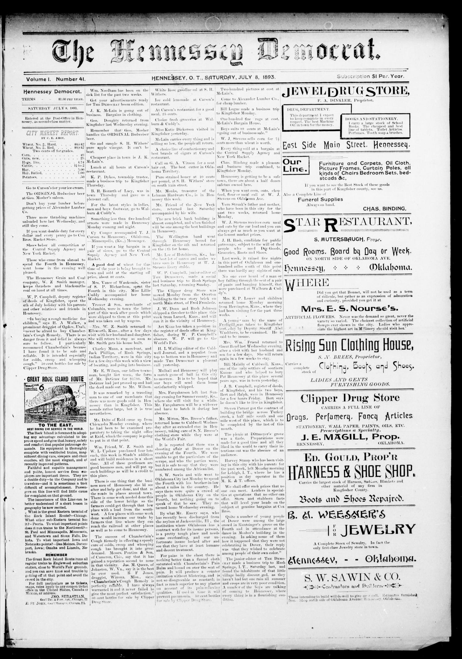 The Hennessey Democrat. (Hennessey, Okla. Terr.), Vol. 1, No. 41, Ed. 1 Saturday, July 8, 1893
                                                
                                                    [Sequence #]: 1 of 8
                                                