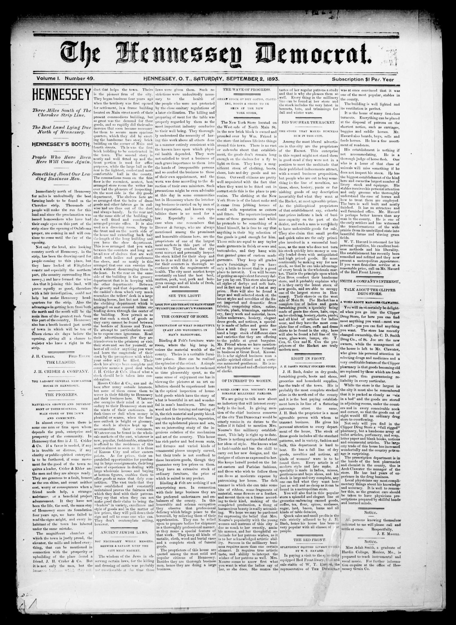 The Hennessey Democrat. (Hennessey, Okla. Terr.), Vol. 1, No. 49, Ed. 1 Saturday, September 2, 1893
                                                
                                                    [Sequence #]: 1 of 6
                                                