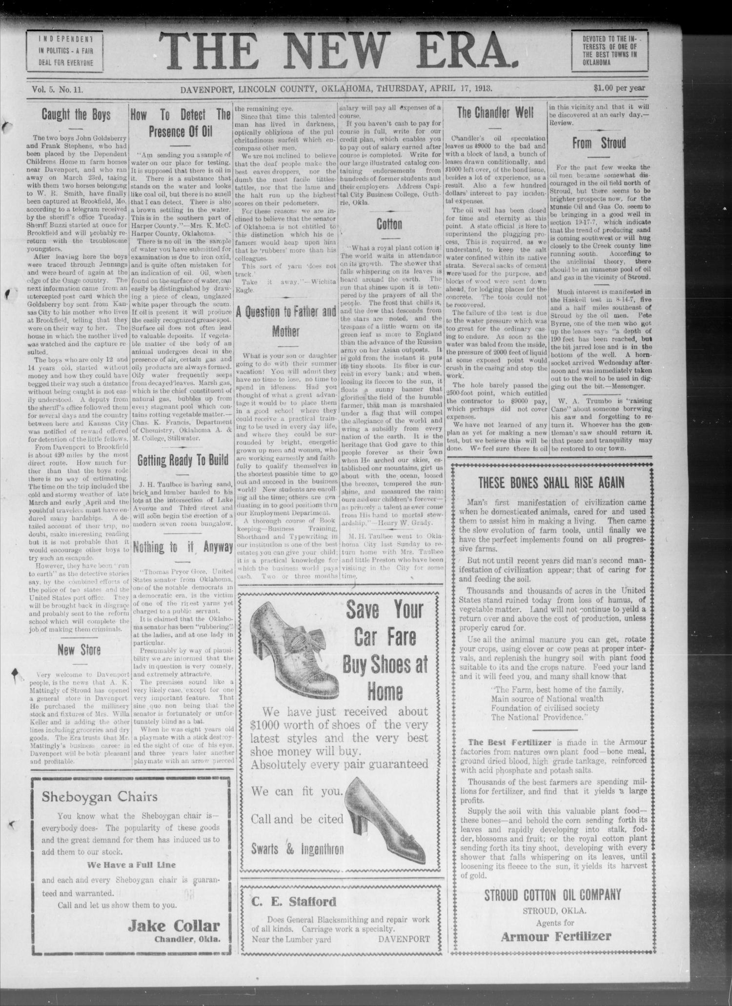 The New Era. (Davenport, Okla.), Vol. 5, No. 11, Ed. 1 Thursday, April 17, 1913
                                                
                                                    [Sequence #]: 1 of 4
                                                