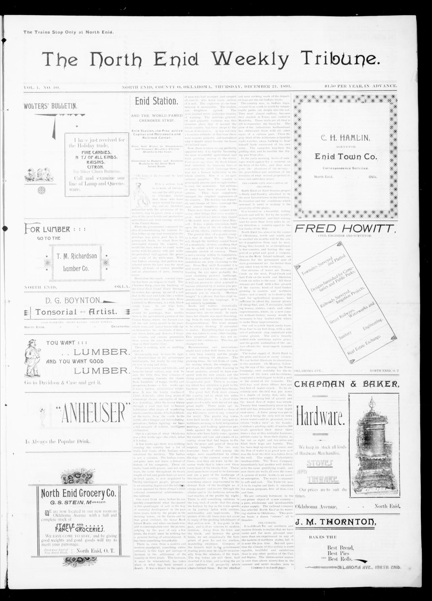 The North Enid Weekly Tribune. (North Enid, Okla.), Vol. 1, No. 10, Ed. 1 Thursday, December 21, 1893
                                                
                                                    [Sequence #]: 1 of 4
                                                