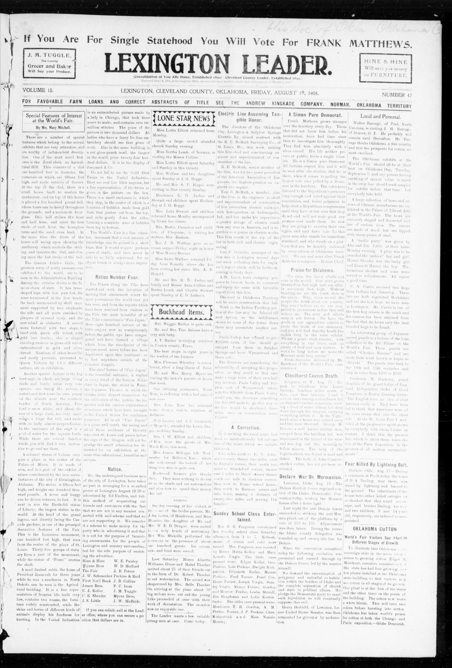 Lexington Leader. (Lexington, Okla.), Vol. 18, No. 47, Ed. 1 Friday, August 19, 1904
                                                
                                                    [Sequence #]: 1 of 8
                                                