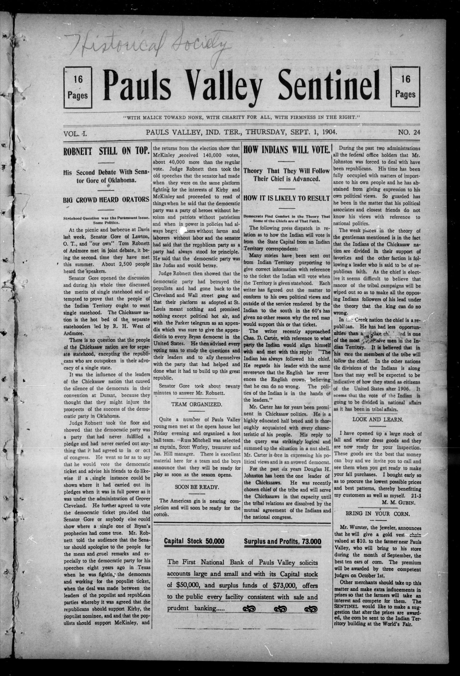 Pauls Valley Sentinel (Pauls Valley, Indian Terr.), Vol. 1, No. 24, Ed. 1 Thursday, September 1, 1904
                                                
                                                    [Sequence #]: 1 of 12
                                                