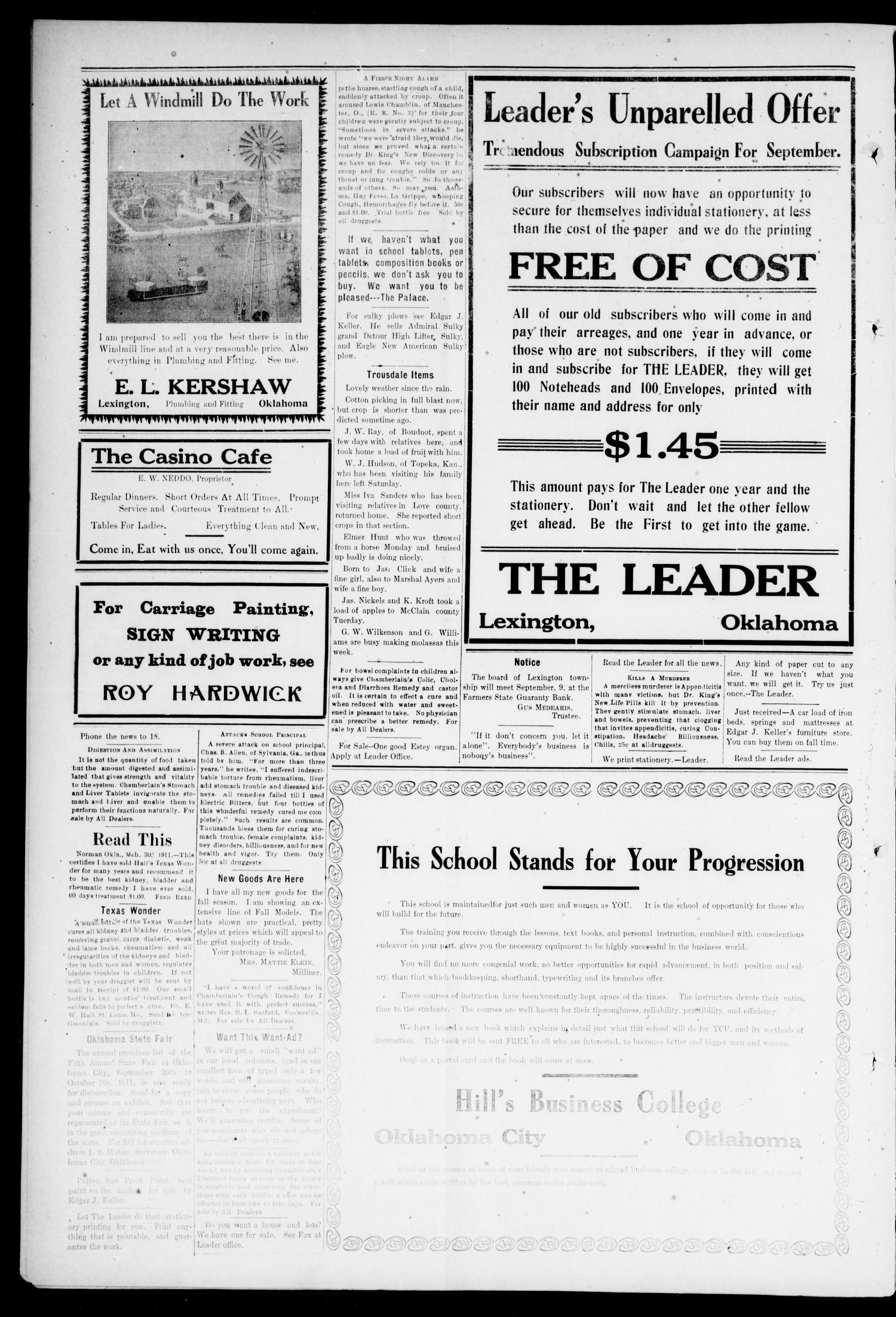 Lexington Leader (Lexington, Okla.), Vol. 20, No. 51, Ed. 1 Friday, September 8, 1911
                                                
                                                    [Sequence #]: 8 of 8
                                                