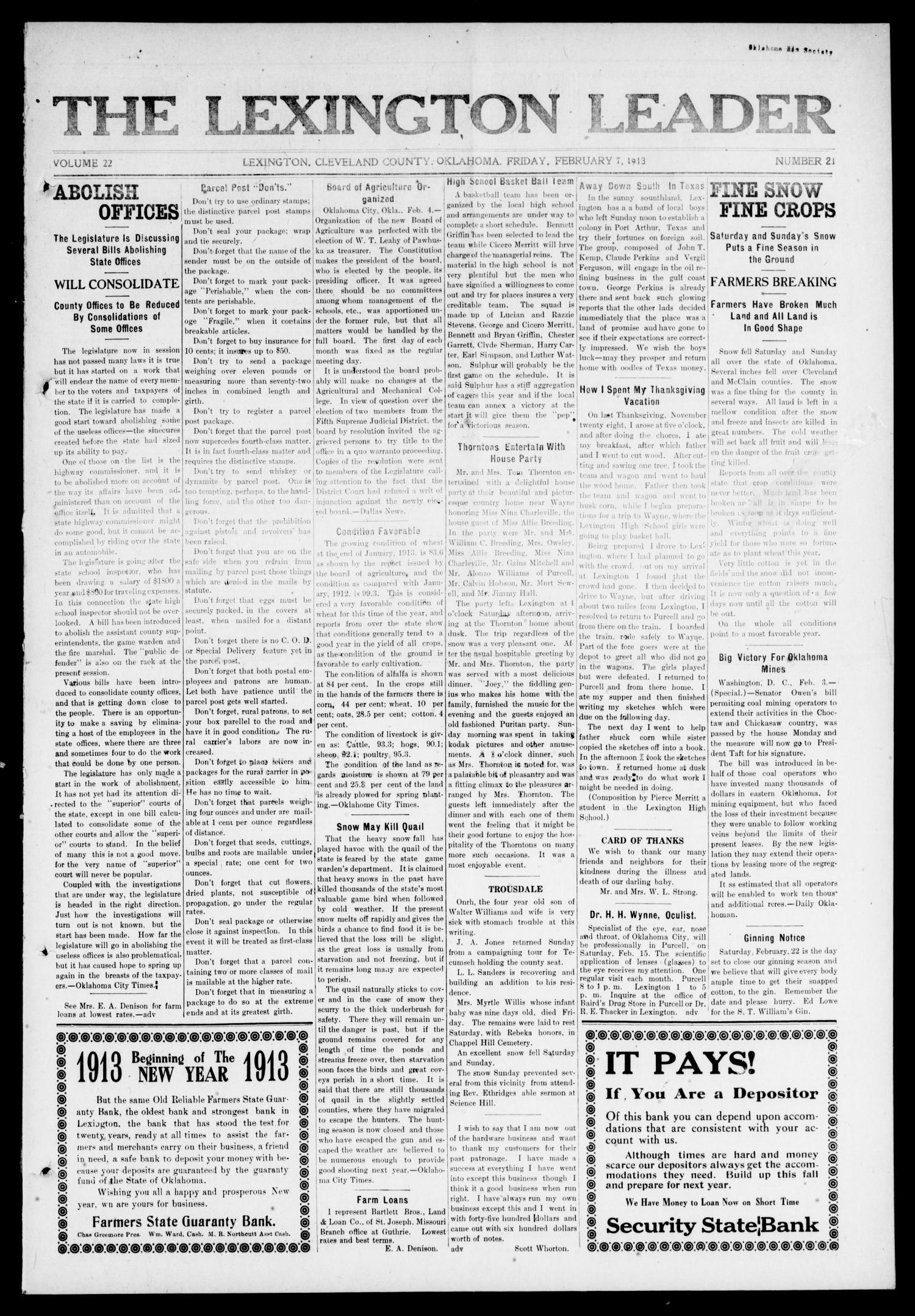 The Lexington Leader (Lexington, Okla.), Vol. 22, No. 21, Ed. 1 Friday, February 7, 1913
                                                
                                                    [Sequence #]: 1 of 8
                                                