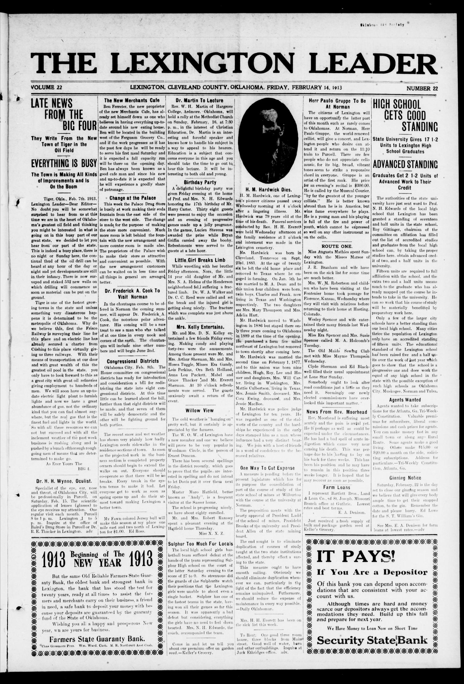 The Lexington Leader (Lexington, Okla.), Vol. 22, No. 22, Ed. 1 Friday, February 14, 1913
                                                
                                                    [Sequence #]: 1 of 8
                                                