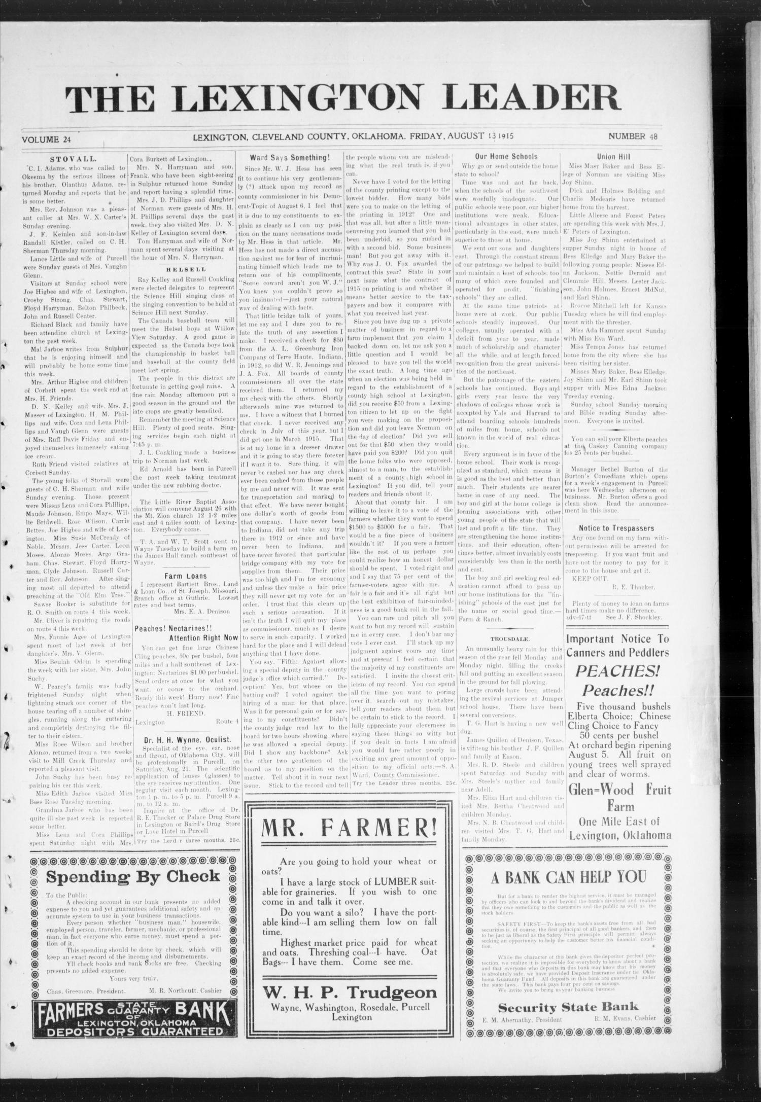 The Lexington Leader (Lexington, Okla.), Vol. 24, No. 48, Ed. 1 Friday, August 13, 1915
                                                
                                                    [Sequence #]: 1 of 8
                                                
