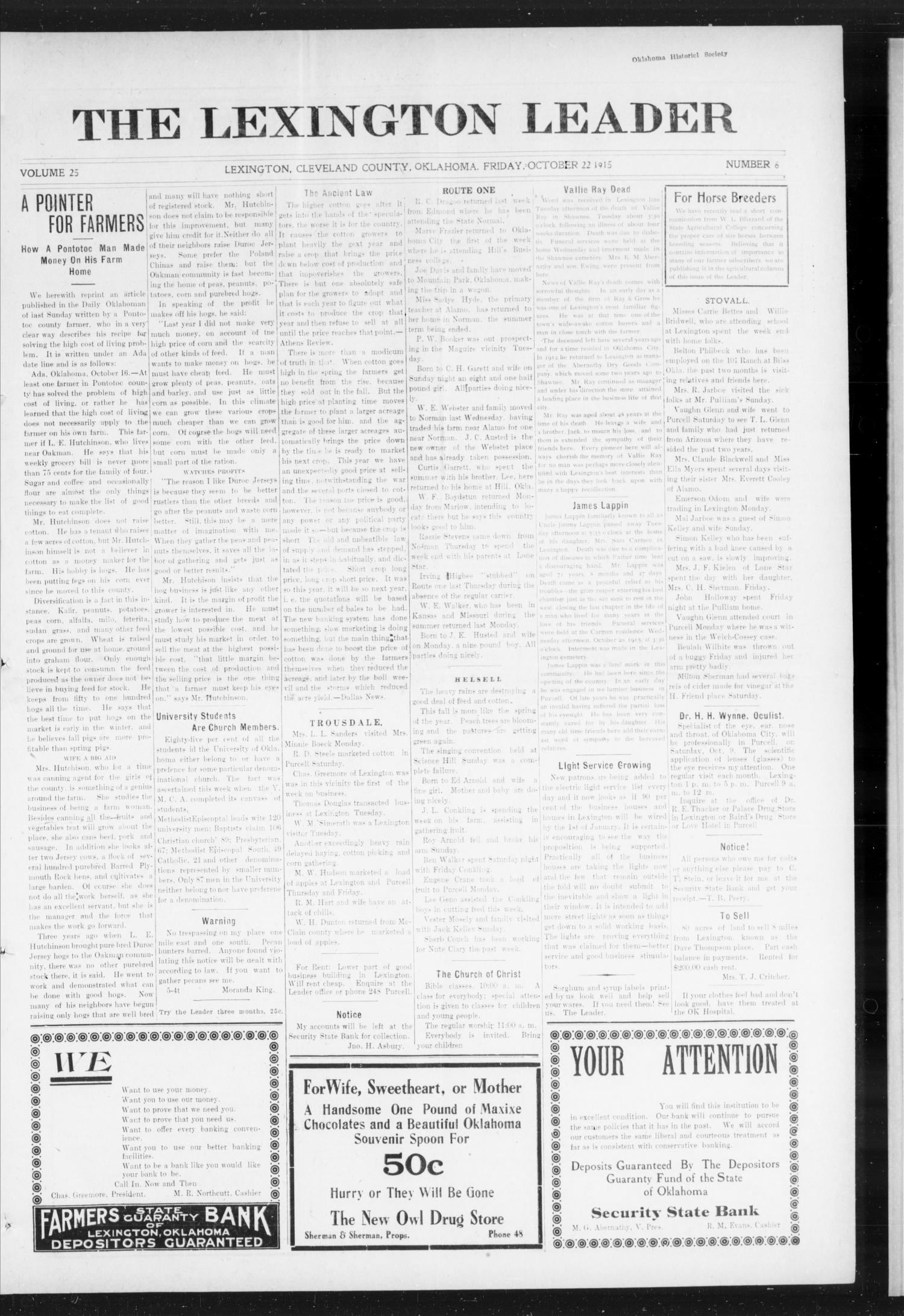 The Lexington Leader (Lexington, Okla.), Vol. 25, No. 6, Ed. 1 Friday, October 22, 1915
                                                
                                                    [Sequence #]: 1 of 12
                                                