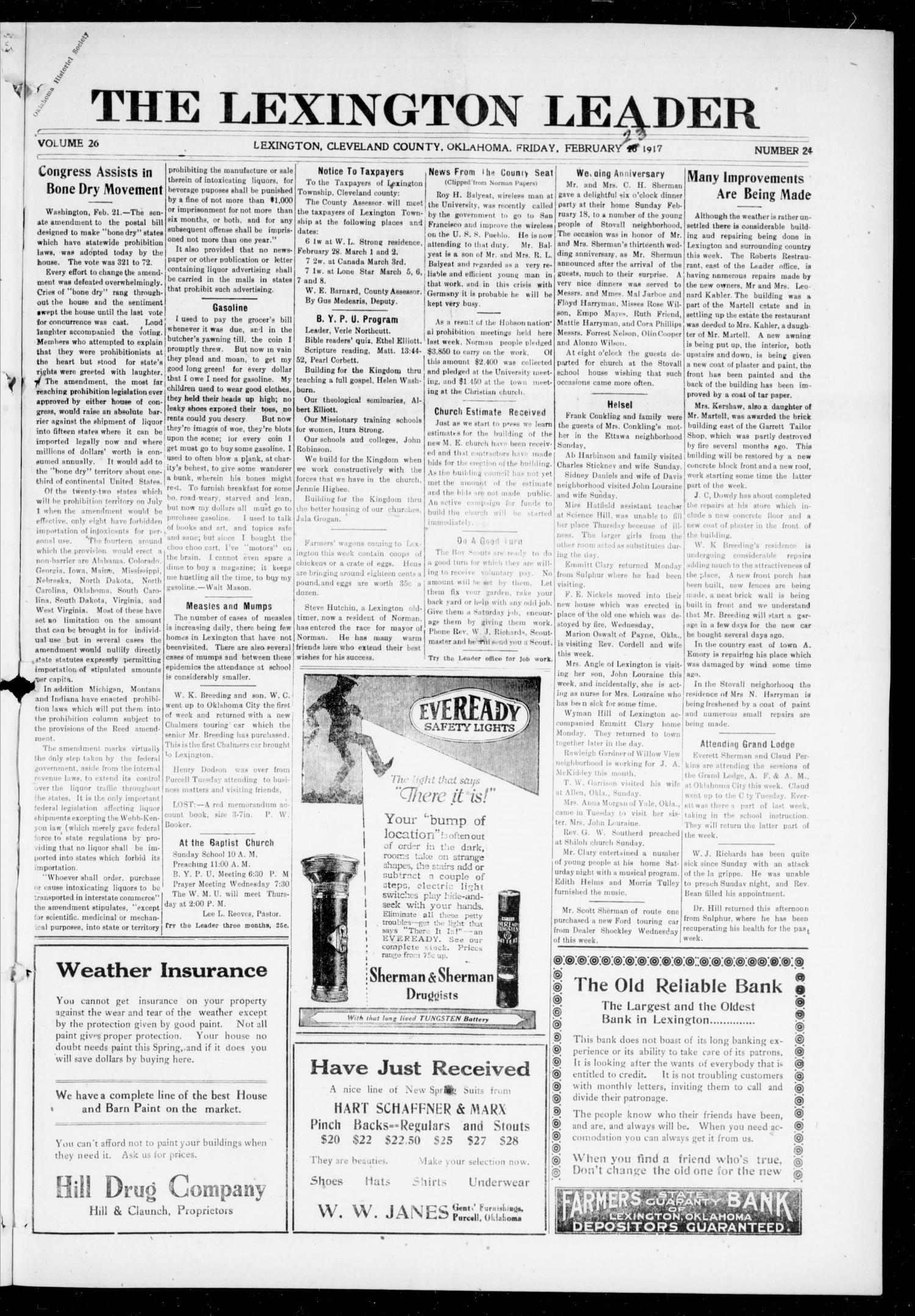 The Lexington Leader (Lexington, Okla.), Vol. 26, No. 24, Ed. 1 Friday, February 23, 1917
                                                
                                                    [Sequence #]: 1 of 8
                                                