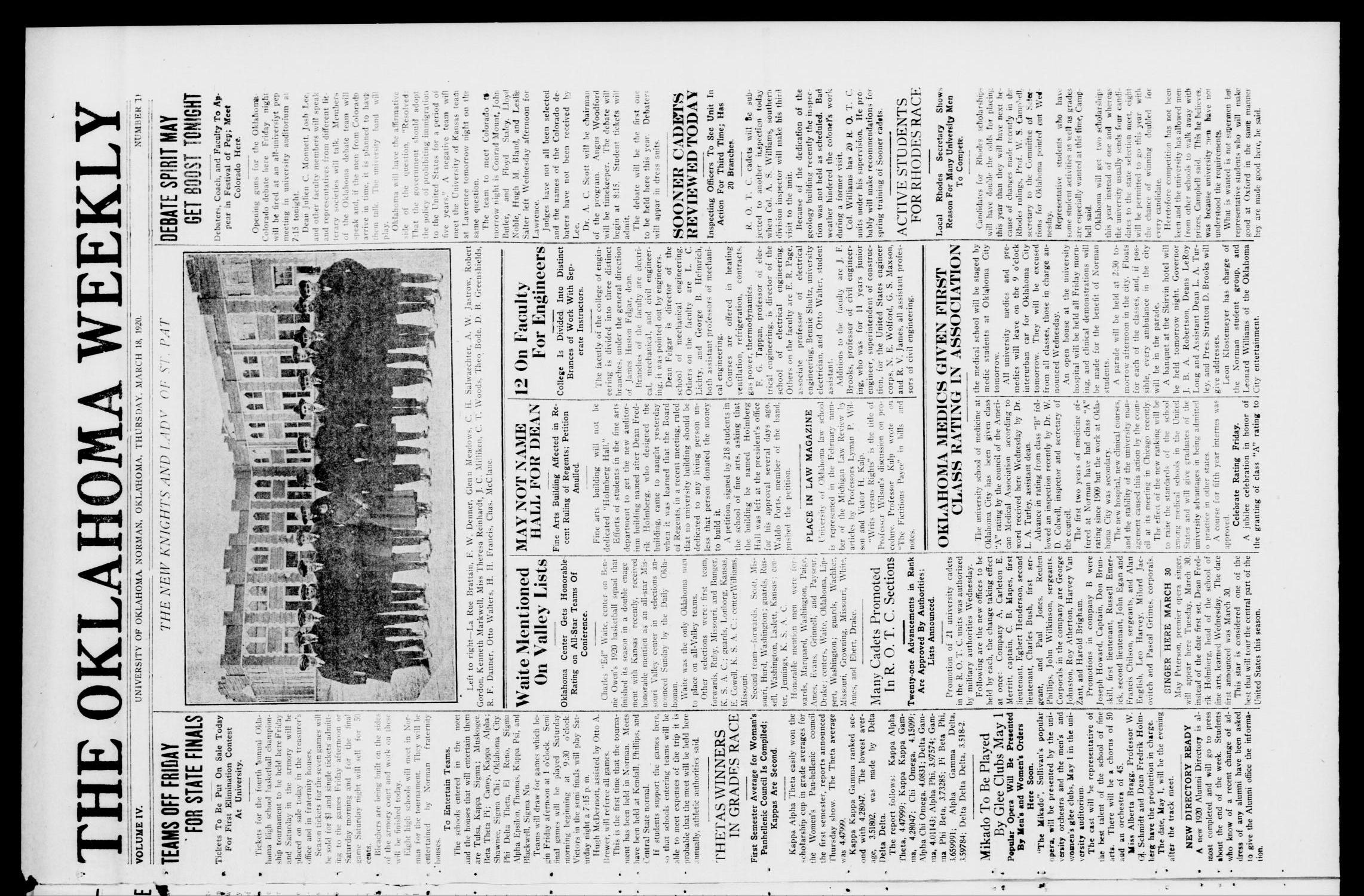 The Oklahoma Weekly (Norman, Okla.), Vol. 4, No. 11, Ed. 1 Thursday, March 18, 1920
                                                
                                                    [Sequence #]: 1 of 4
                                                